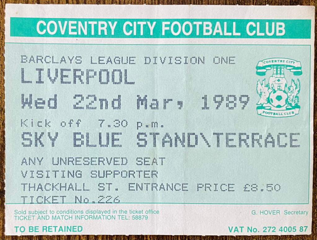 1988/89 ORIGINAL DIVISION ONE TICKET COVENTRY CITY V LIVERPOOL