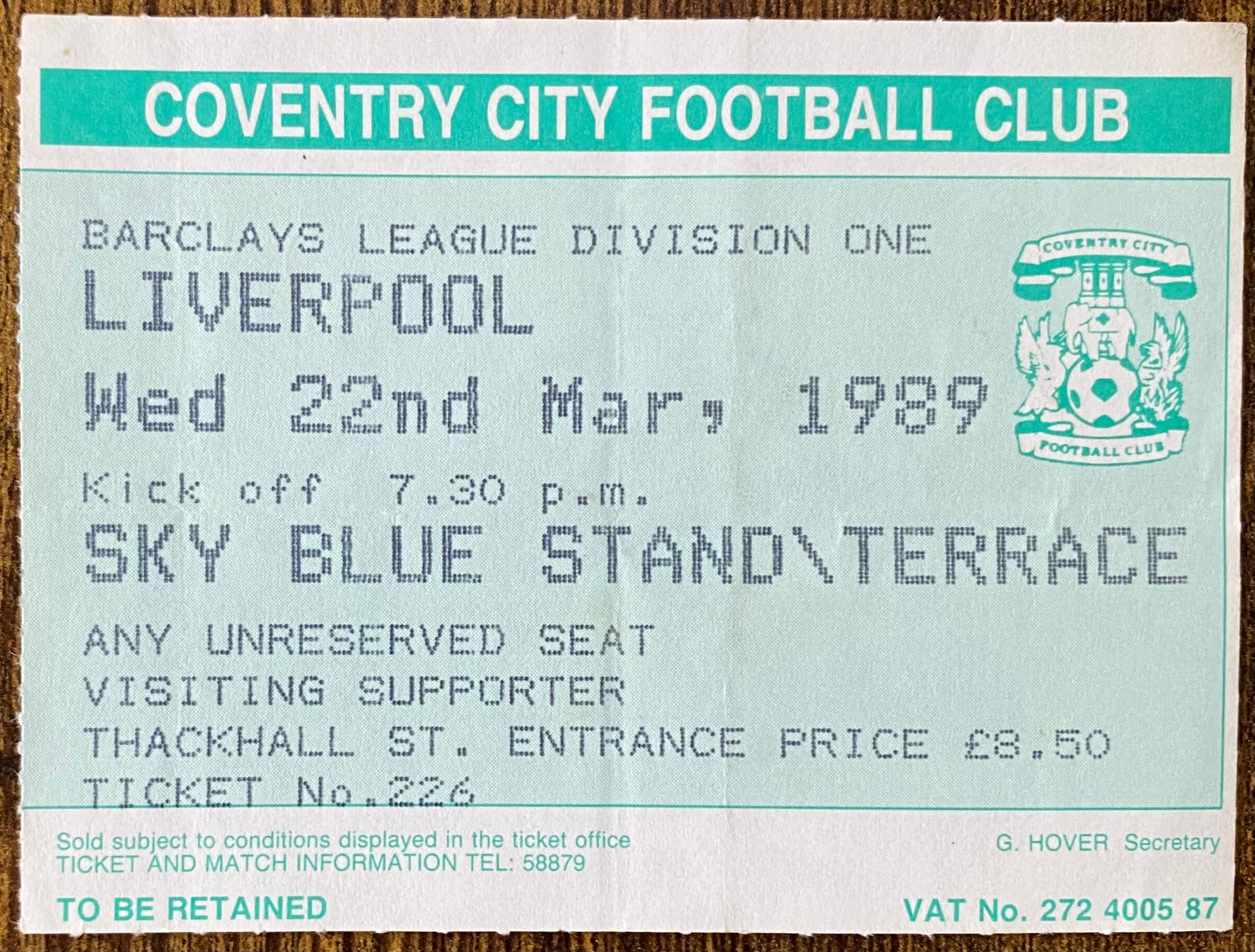 1988/89 ORIGINAL DIVISION ONE TICKET COVENTRY CITY V LIVERPOOL