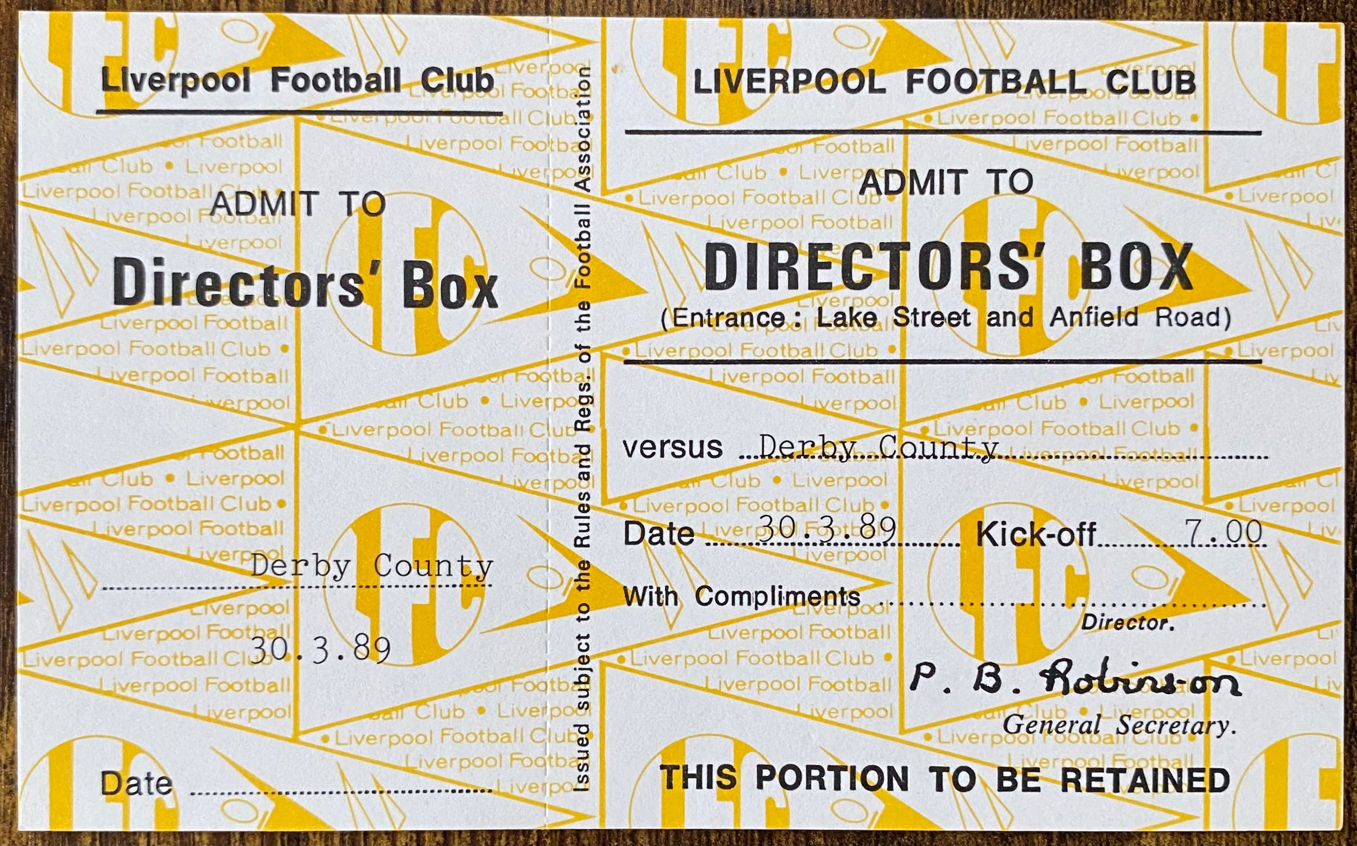 1988/89 ORIGINAL DIVISION ONE UNUSED DIRECTORS BOX TICKET LIVERPOOL V DERBY COUNTY