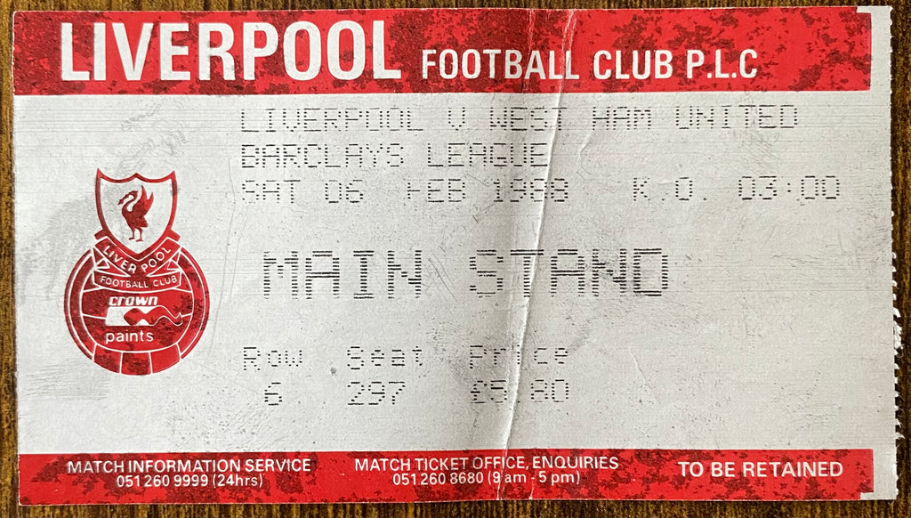 1987/88 ORIGINAL DIVISION ONE TICKET LIVERPOOL V WEST HAM UNITED
