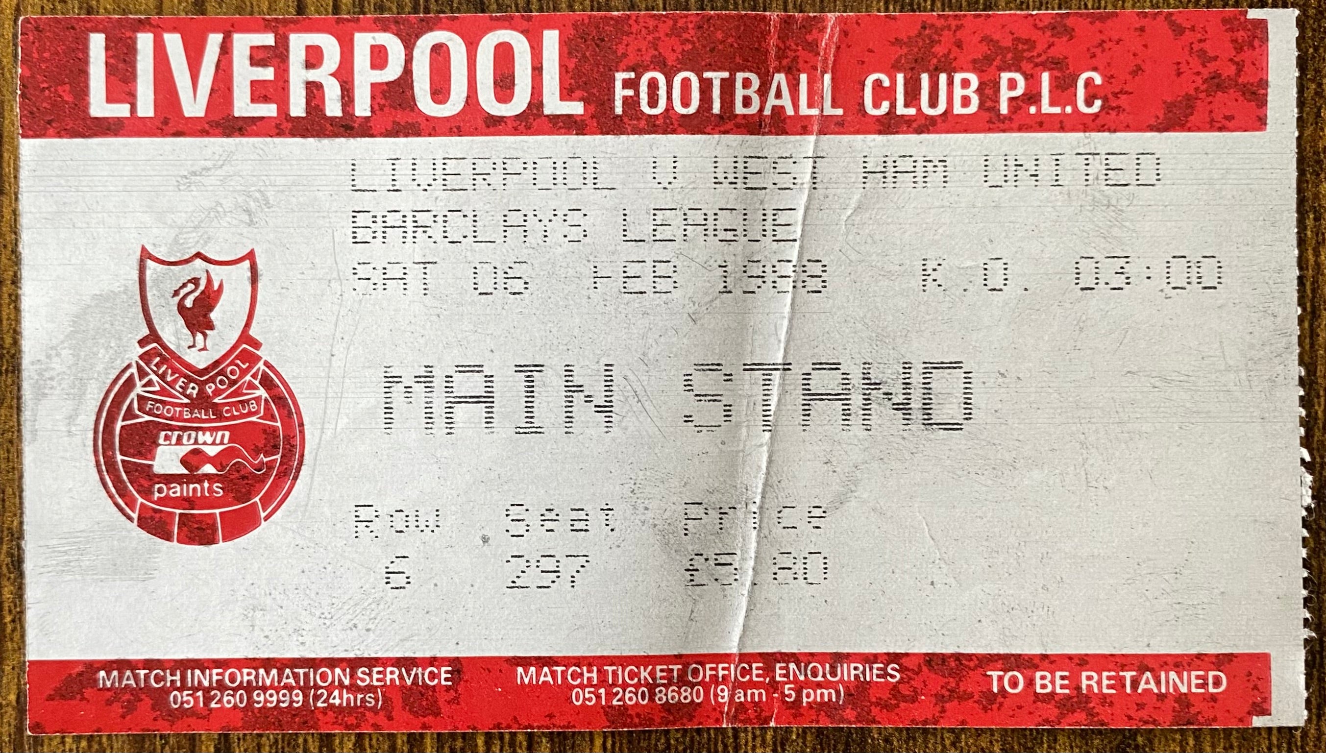 1987/88 ORIGINAL DIVISION ONE TICKET LIVERPOOL V WEST HAM UNITED