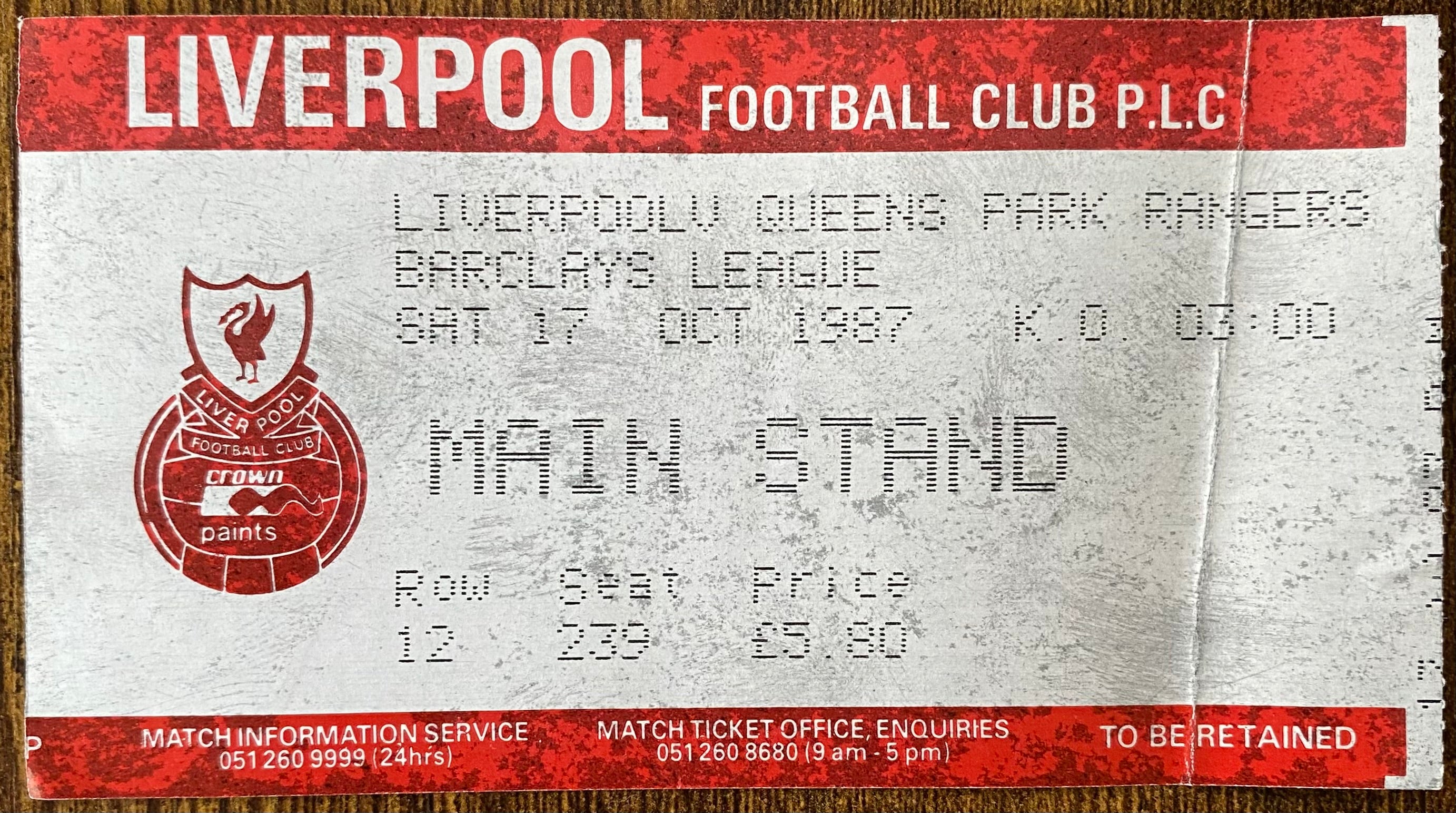 1987/88 ORIGINAL DIVISION ONE TICKET LIVERPOOL V QUEENS PARK RANGERS