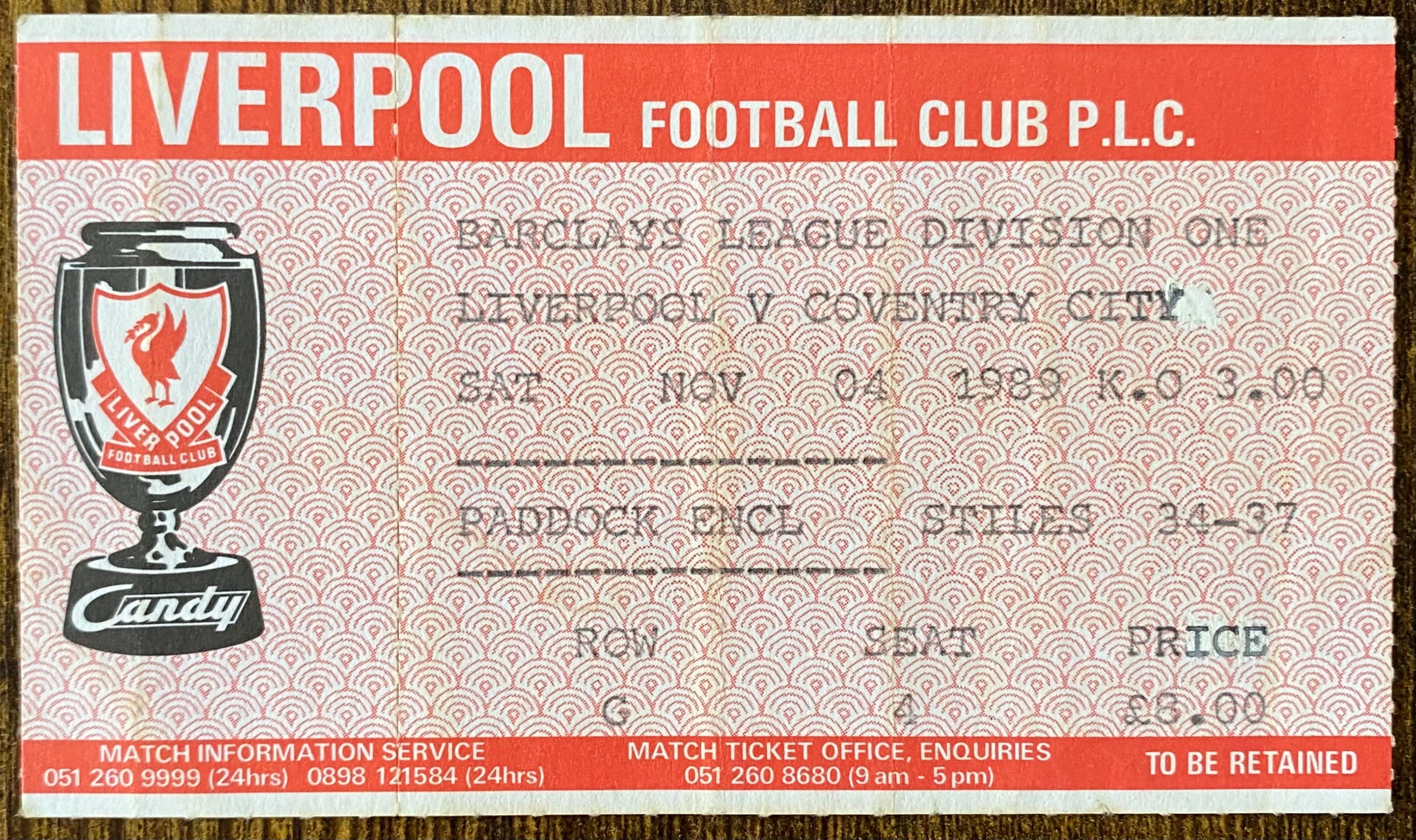 1989/90 ORIGINAL DIVISION ONE TICKET LIVERPOOL V COVENTRY CITY