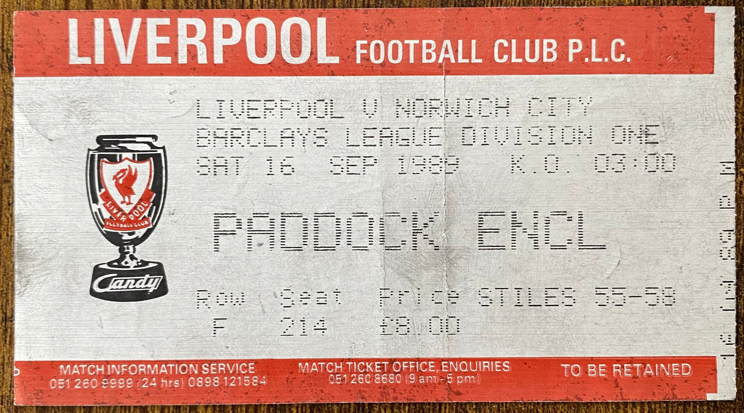 1989/90 ORIGINAL DIVISION ONE TICKET LIVERPOOL V NORWICH CITY