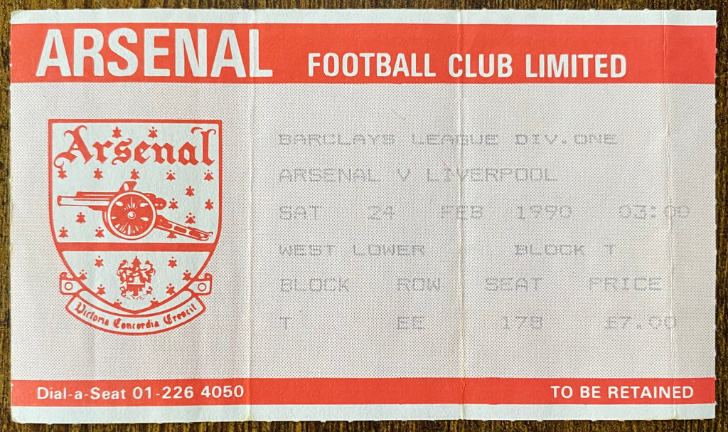 1989/90 ORIGINAL DIVISION ONE TICKET ARSENAL V LIVERPOOL