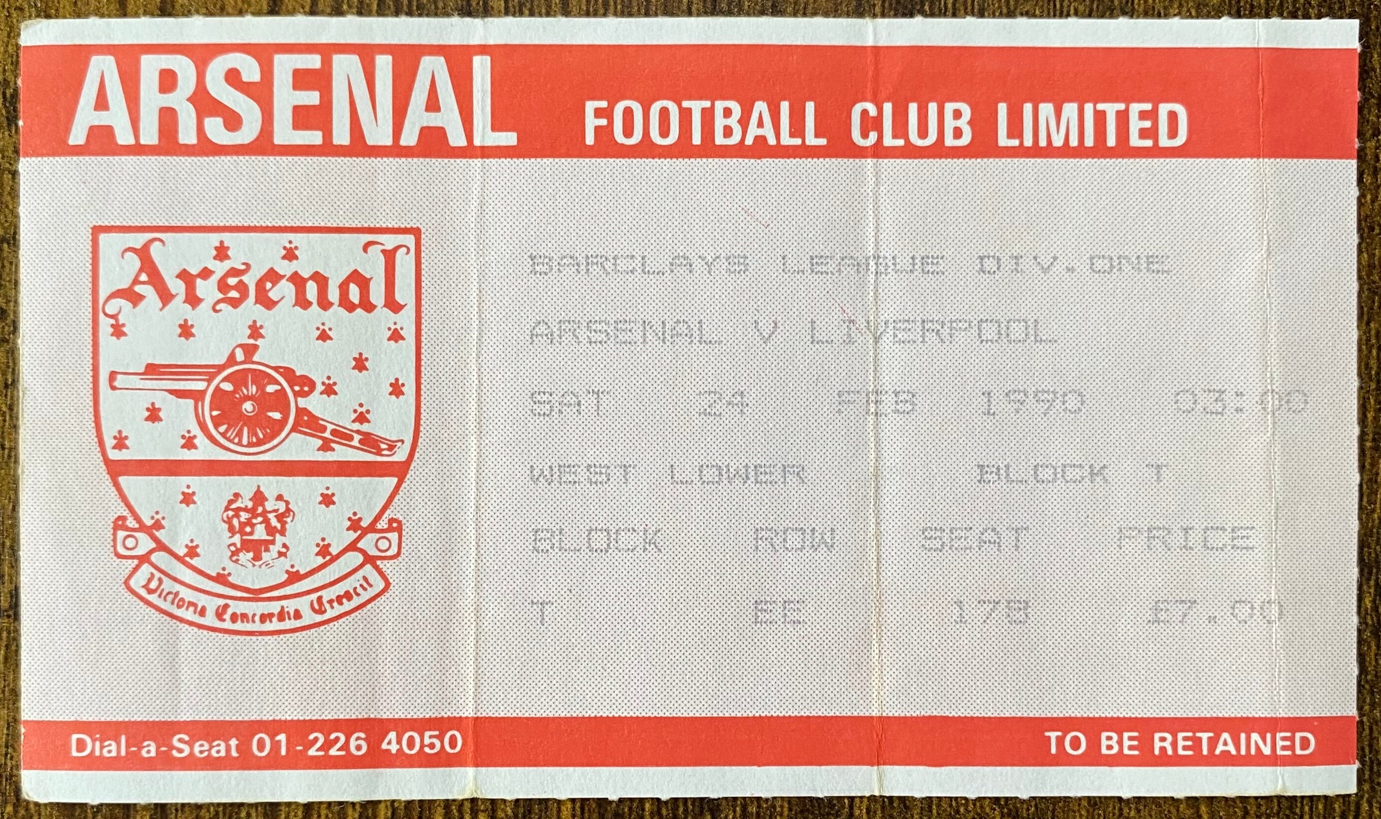 1989/90 ORIGINAL DIVISION ONE TICKET ARSENAL V LIVERPOOL