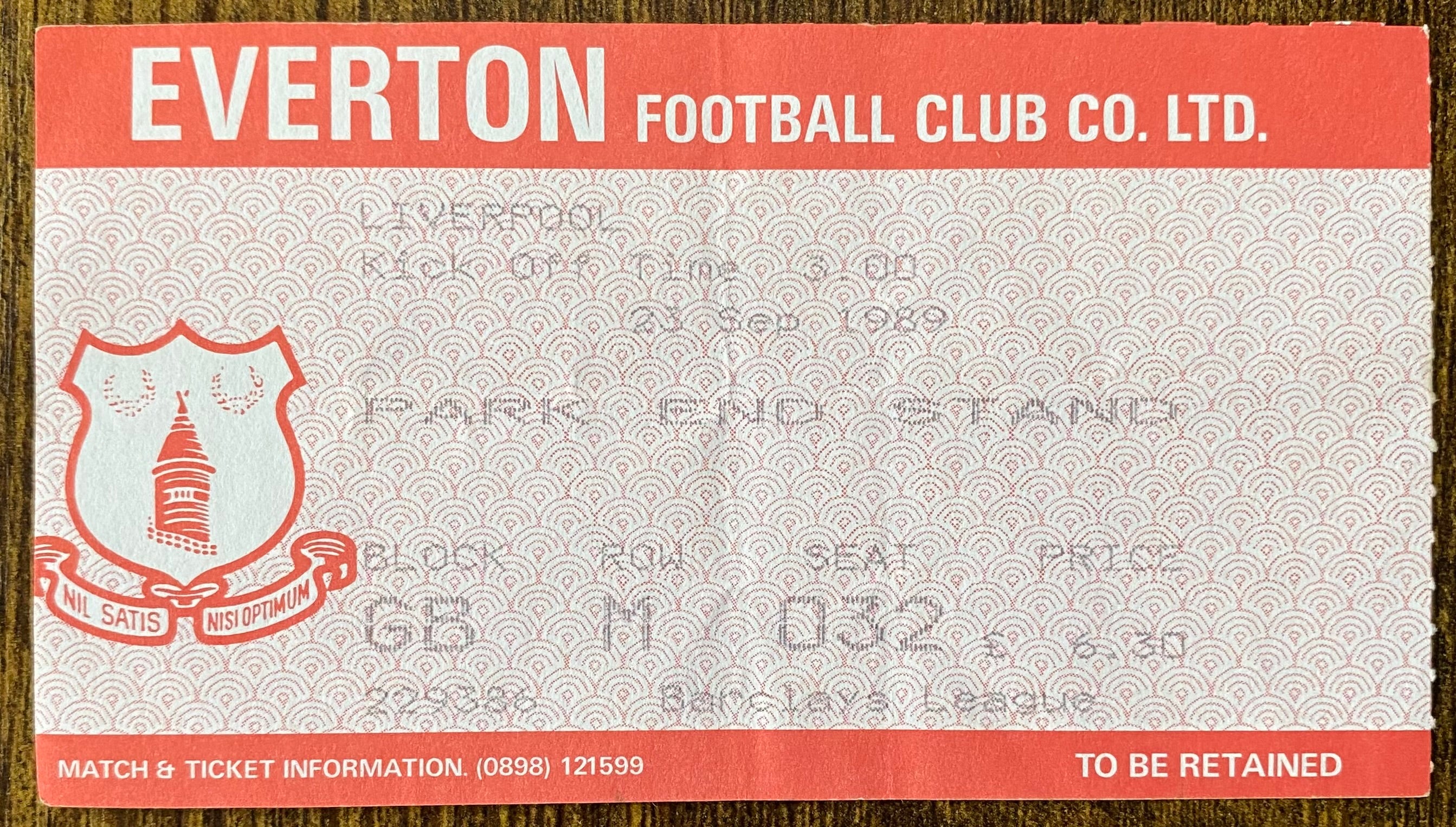1989/90 ORIGINAL DIVISION ONE TICKET EVERTON V LIVERPOOL