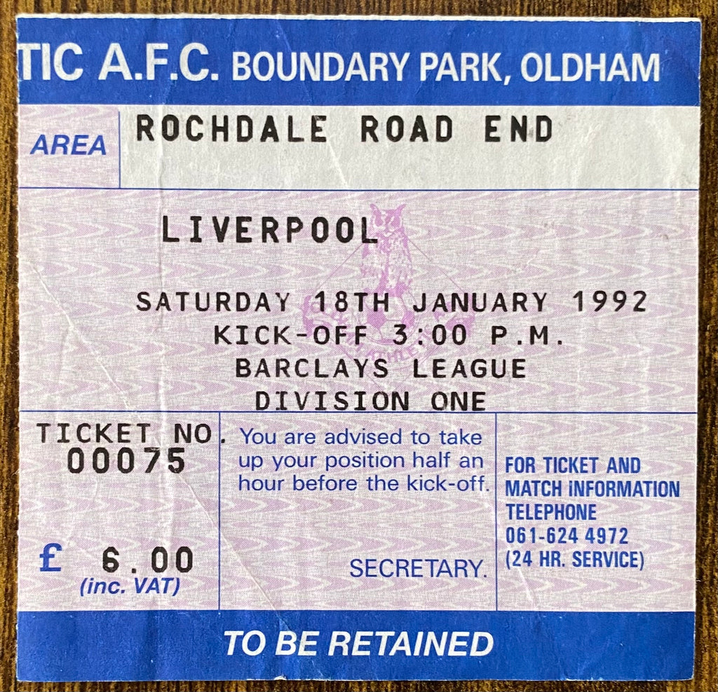 1991/92 ORIGINAL DIVISION ONE TICKET OLDHAM ATHLETIC V LIVERPOOL