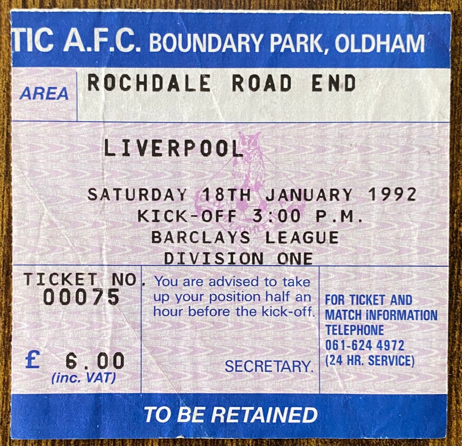 1991/92 ORIGINAL DIVISION ONE TICKET OLDHAM ATHLETIC V LIVERPOOL