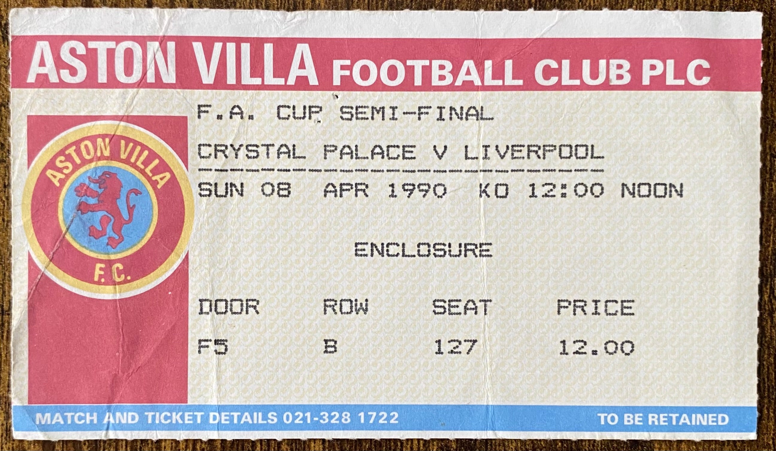 1990 ORIGINAL FA CUP SEMI FINAL TICKET LIVERPOOL V CRYSTAL PALACE @ VILLA PARK
