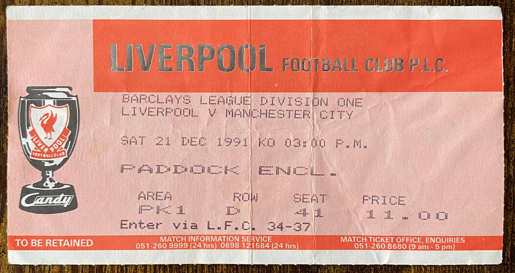1991/92 ORIGINAL DIVISION ONE TICKET LIVERPOOL V MANCHESTER CITY