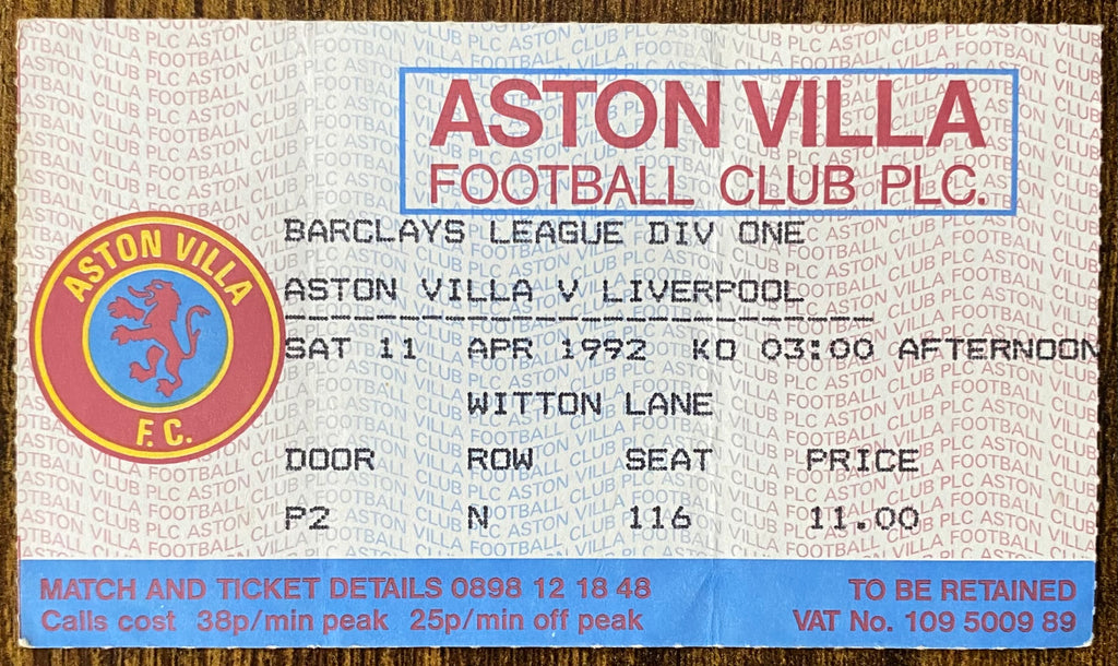 1991/92 ORIGINAL DIVISION ONE TICKET ASTON VILLA V LIVERPOOL