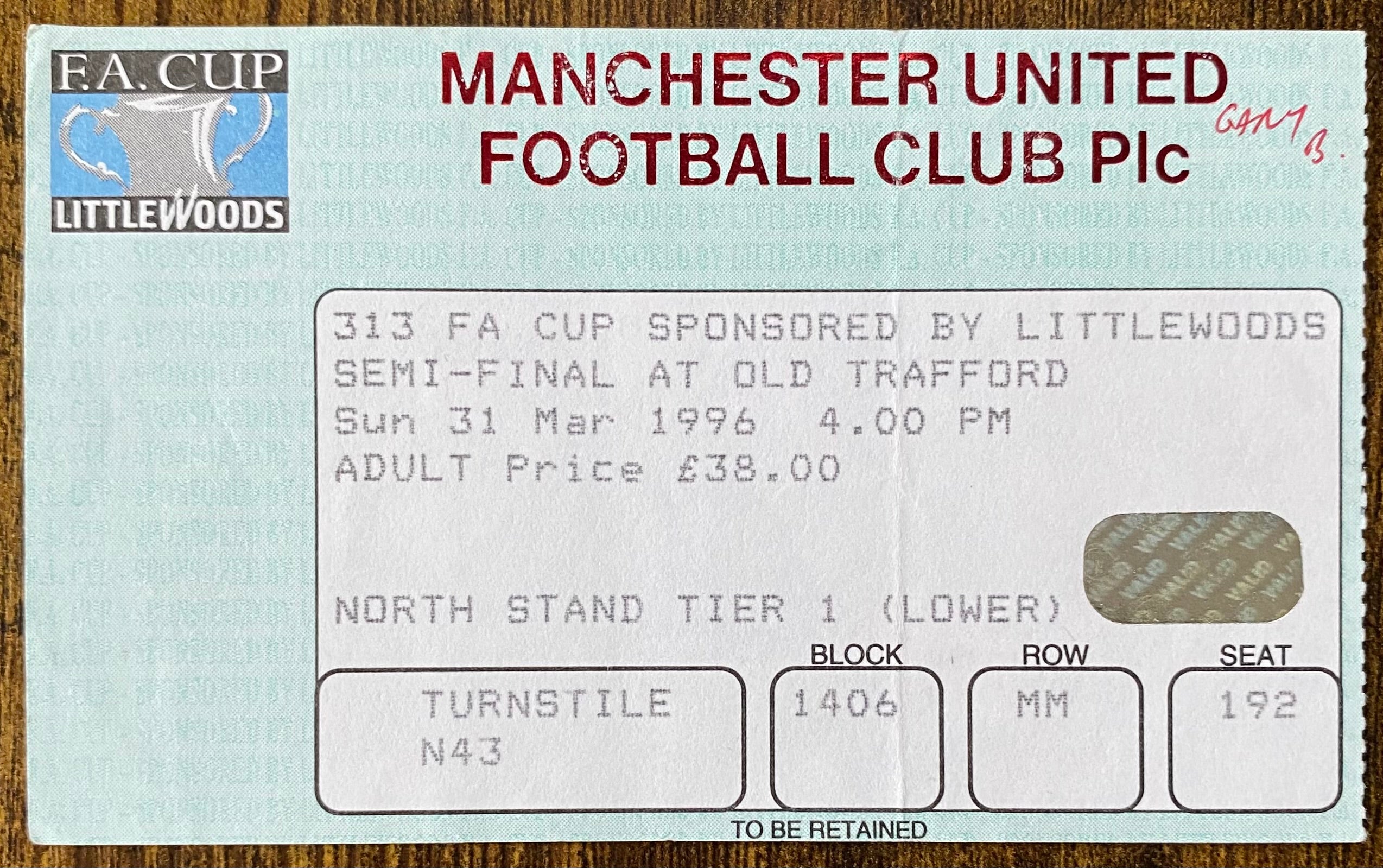 1996 ORIGINAL FA CUP SEMI FINAL TICKET LIVERPOOL V ASTON VILLA @ OLD TRAFFORD