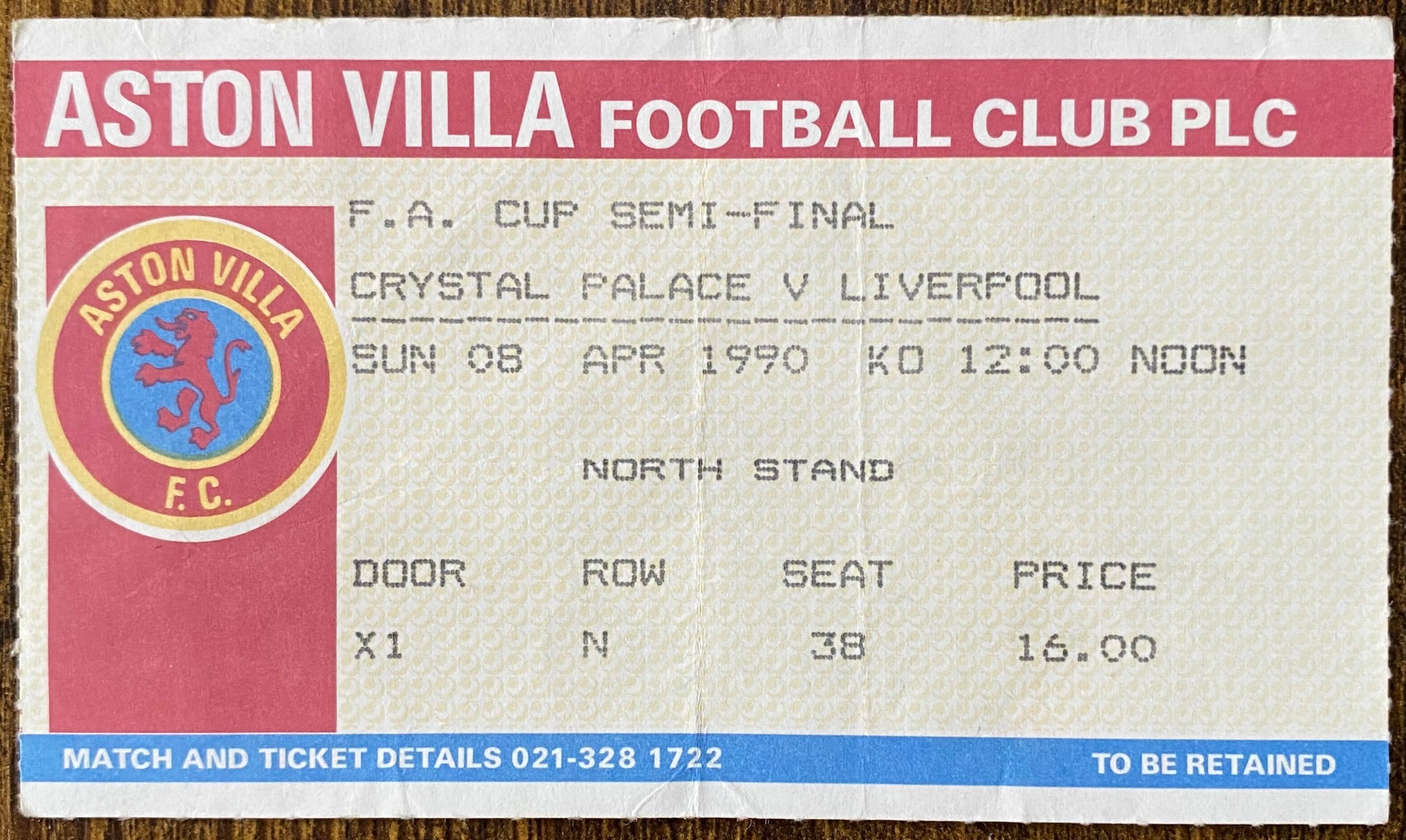 1990 ORIGINAL FA CUP SEMI FINAL TICKET LIVERPOOL V CRYSTAL PALACE @ VILLA PARK
