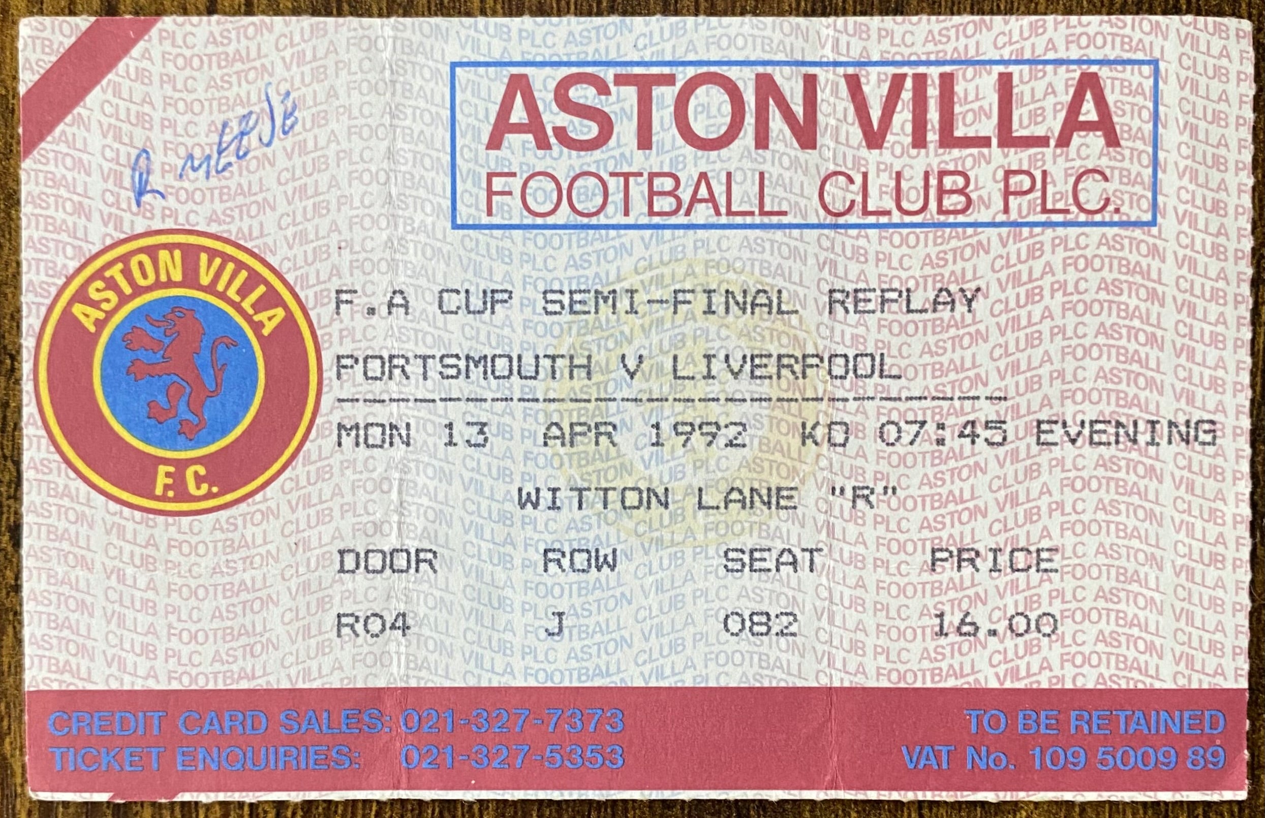 1992 ORIGINAL FA CUP SEMI FINAL REPLAY TICKET LIVERPOOL V PORTSMOUTH @ VILLA PARK