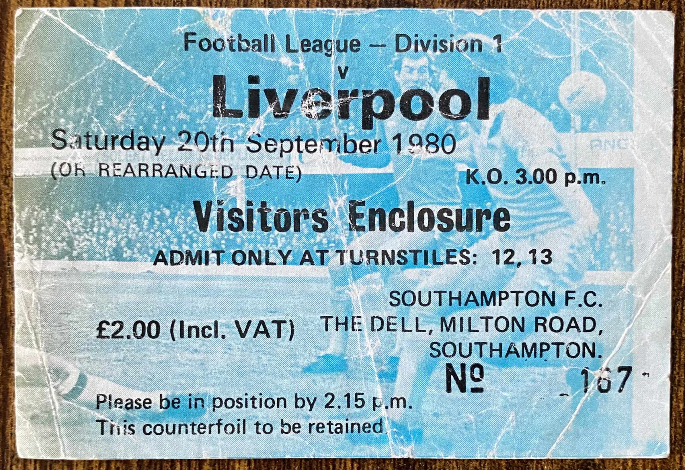 1980/81 ORIGINAL DIVISION ONE TICKET SOUTHAMPTON V LIVERPOOL