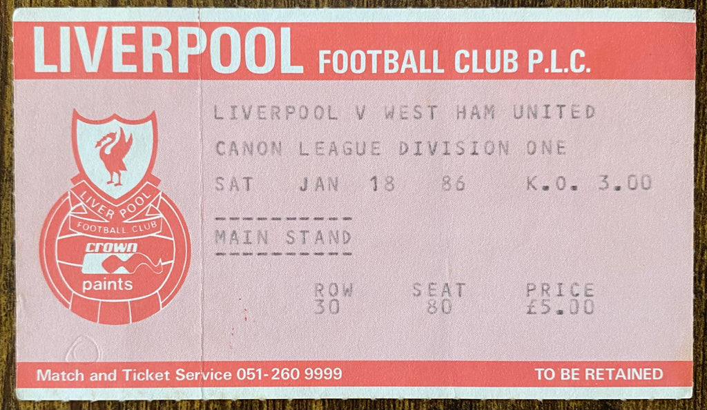 1985/86 ORIGINAL DIVISION ONE TICKET LIVERPOOL V WEST HAM UNITED