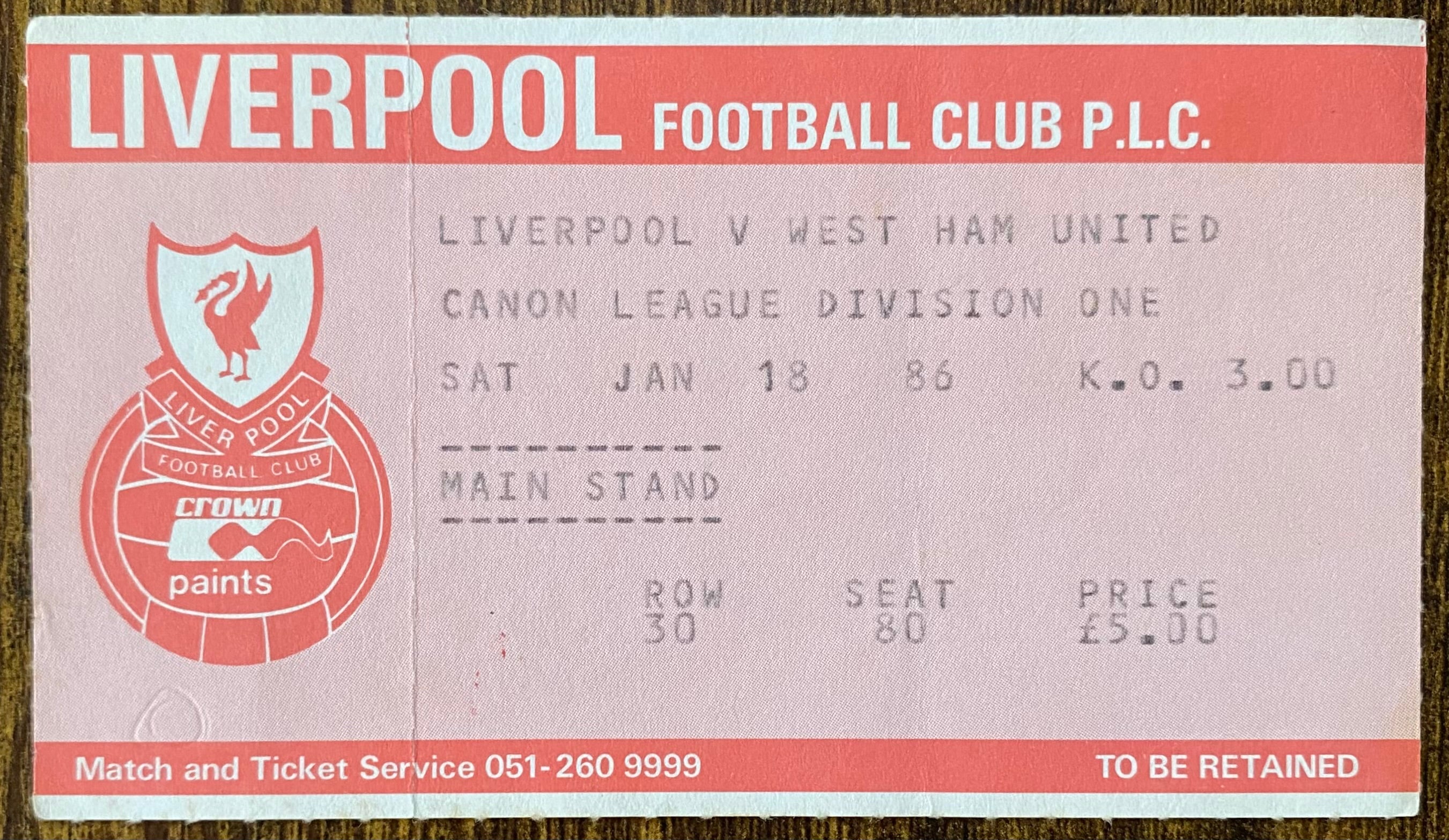 1985/86 ORIGINAL DIVISION ONE TICKET LIVERPOOL V WEST HAM UNITED