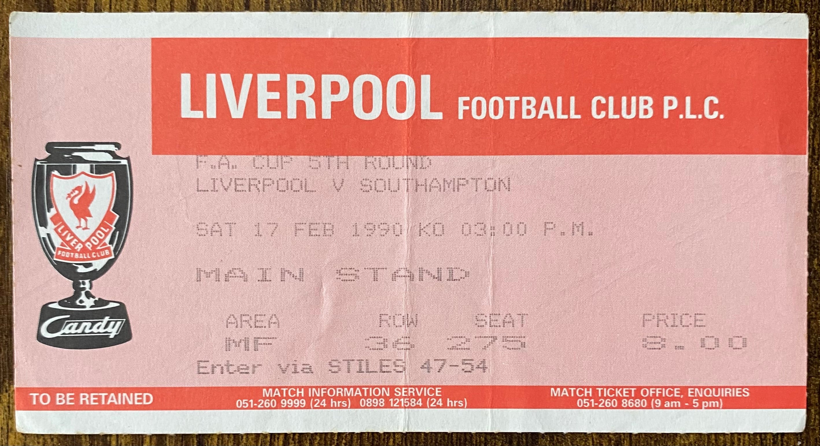 1989/90 ORIGINAL FA CUP 5TH ROUND TICKET LIVERPOOL V SOUTHAMPTON