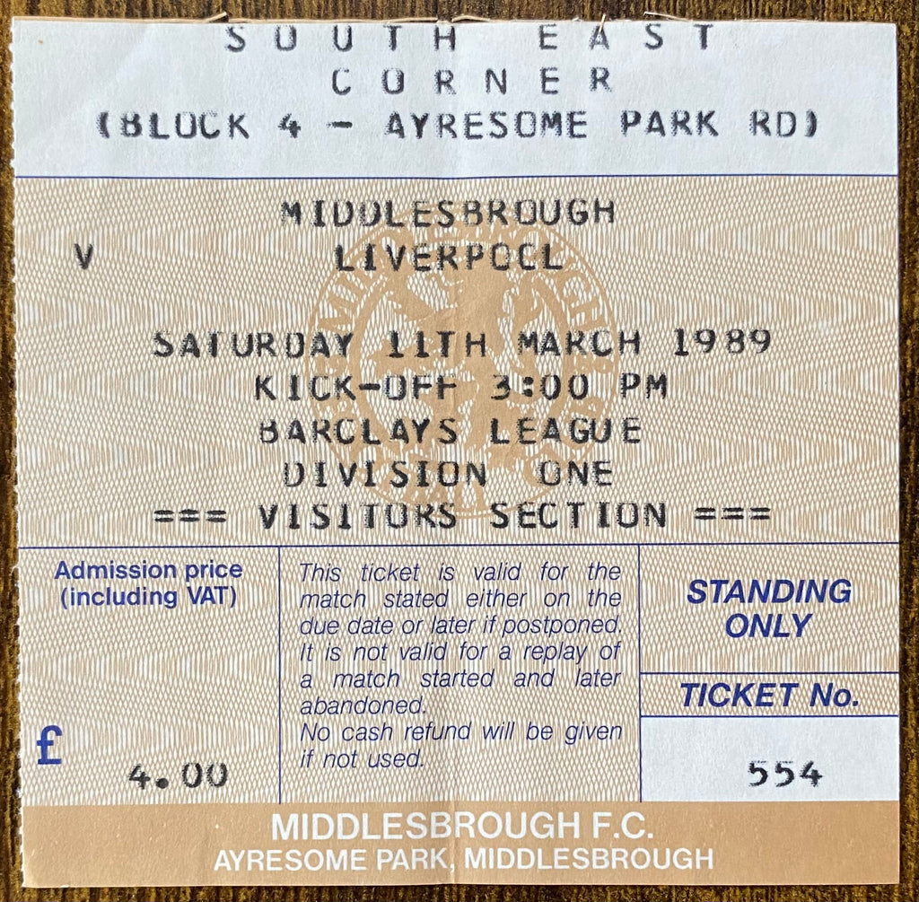 1988/89 ORIGINAL DIVISION ONE TICKET MIDDLESBROUGH V LIVERPOOL