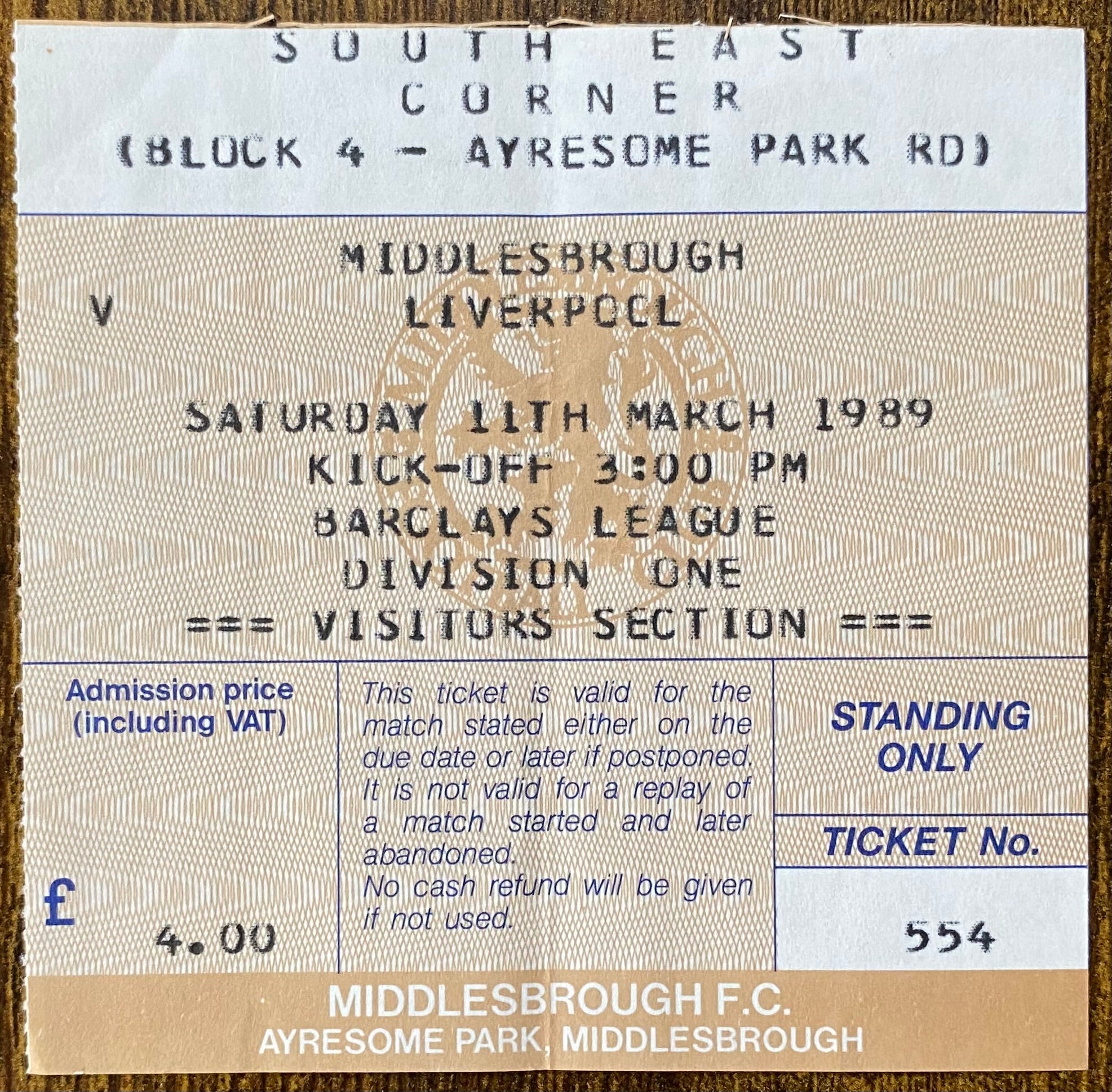 1988/89 ORIGINAL DIVISION ONE TICKET MIDDLESBROUGH V LIVERPOOL