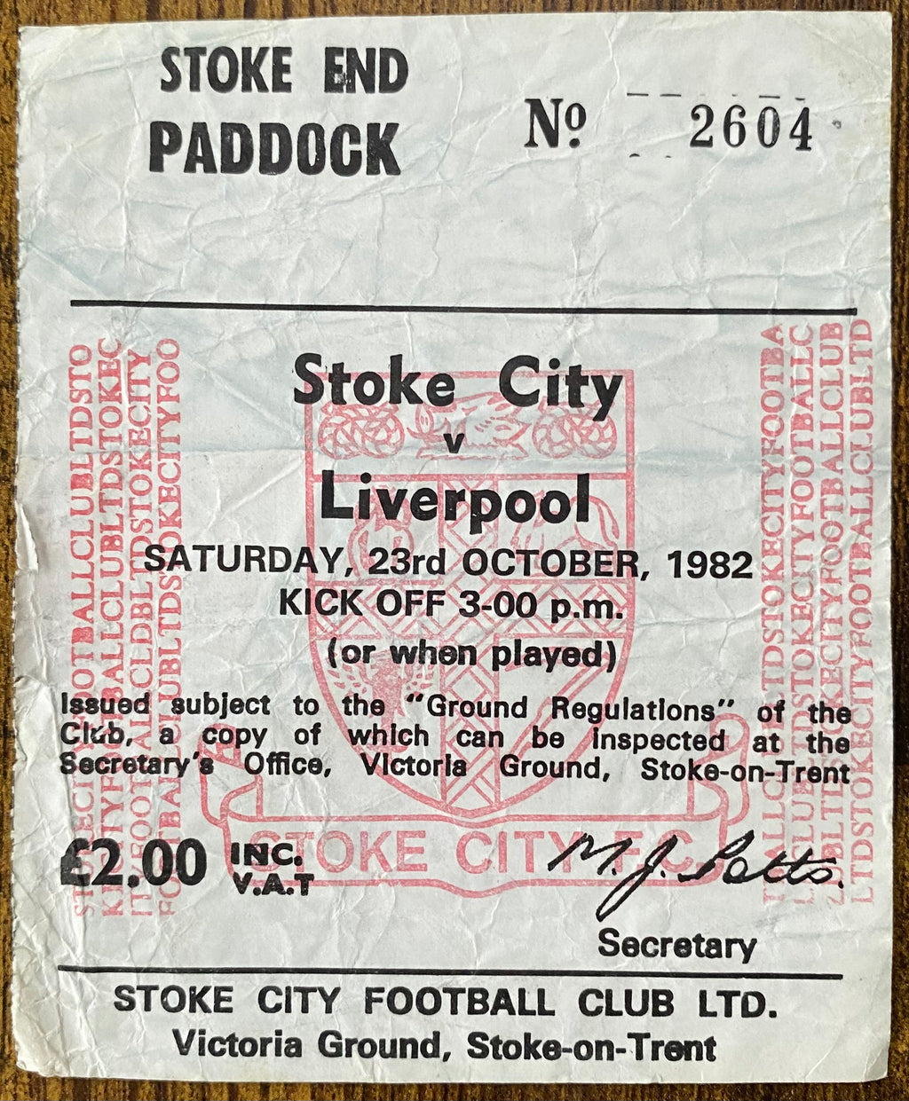 1982/83 ORIGINAL DIVISION ONE TICKET STOKE CITY V LIVERPOOL