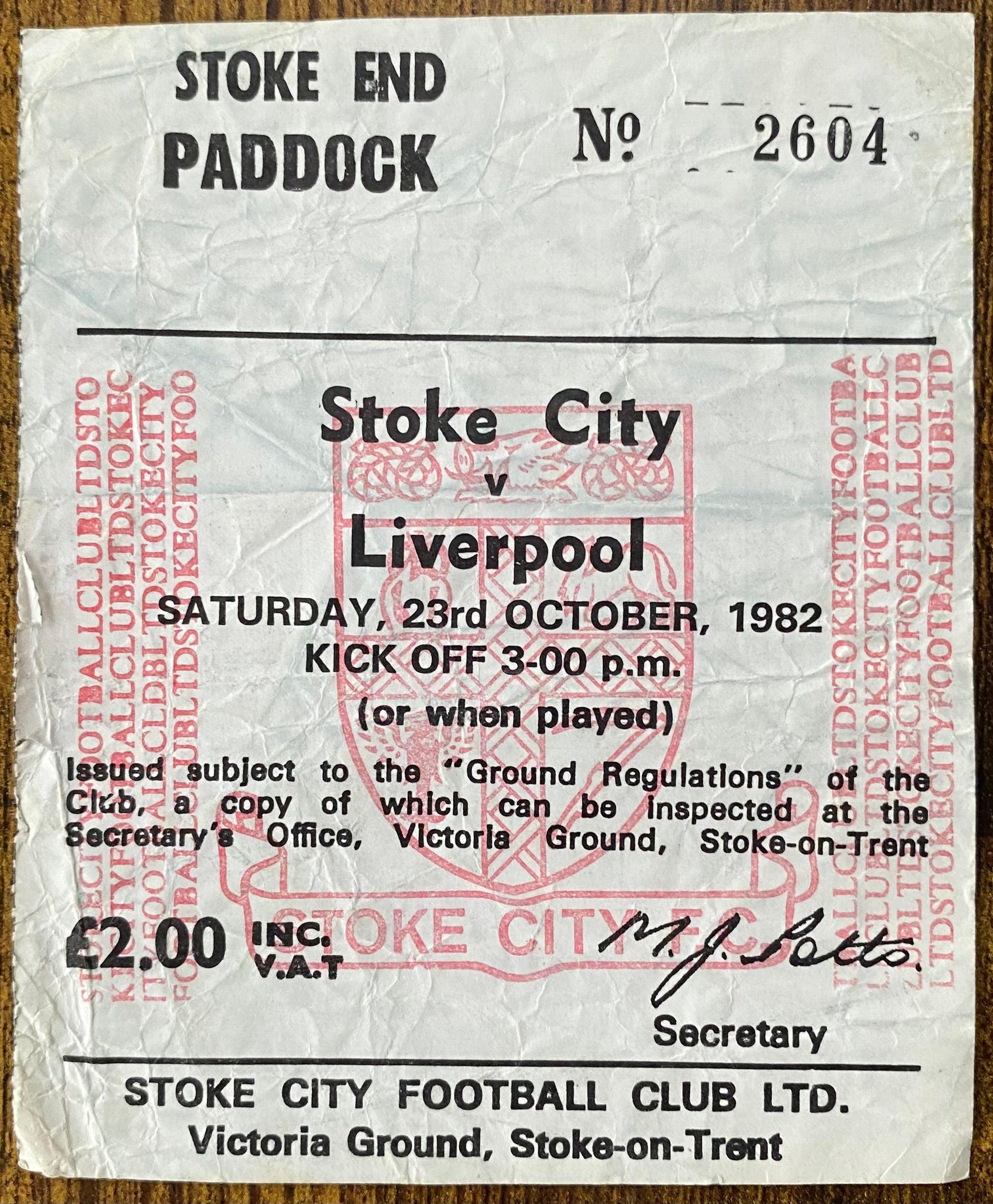 1982/83 ORIGINAL DIVISION ONE TICKET STOKE CITY V LIVERPOOL