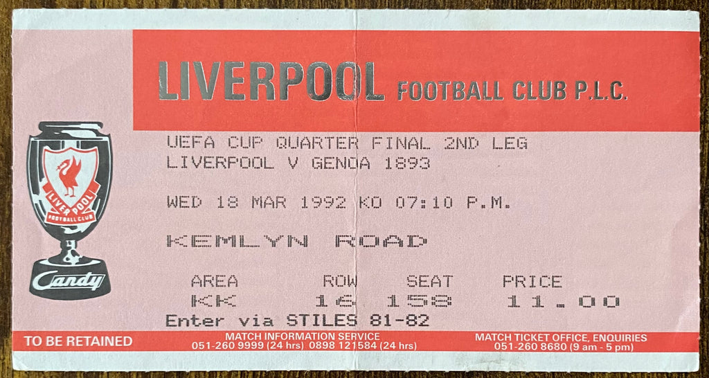 1991/92 ORIGINAL UEFA CUP QUARTER FINAL 2ND LEG  TICKET LIVERPOOL V GENOA 1893