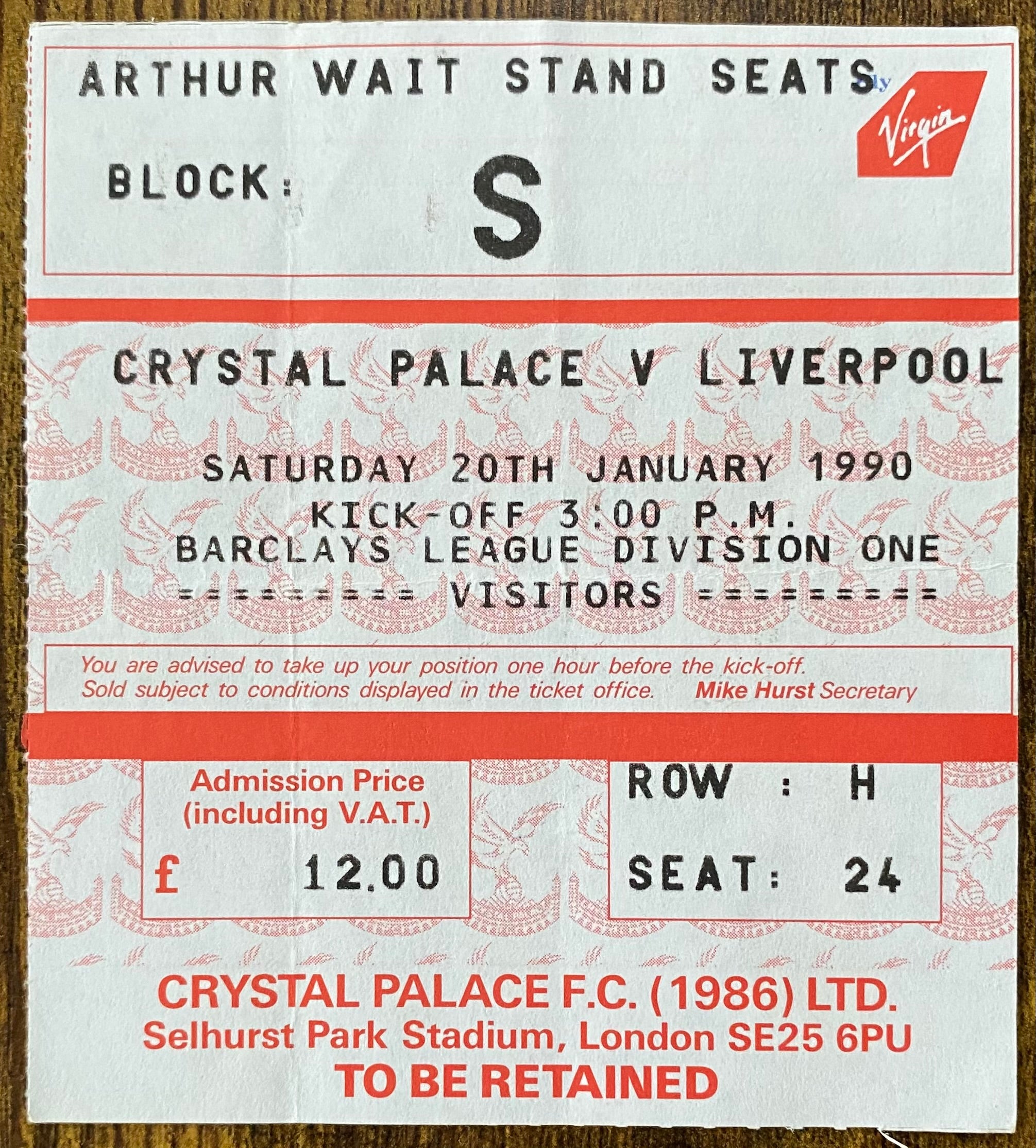 1989/90 ORIGINAL DIVISION ONE TICKET CRYSTAL PALACE V LIVERPOOL