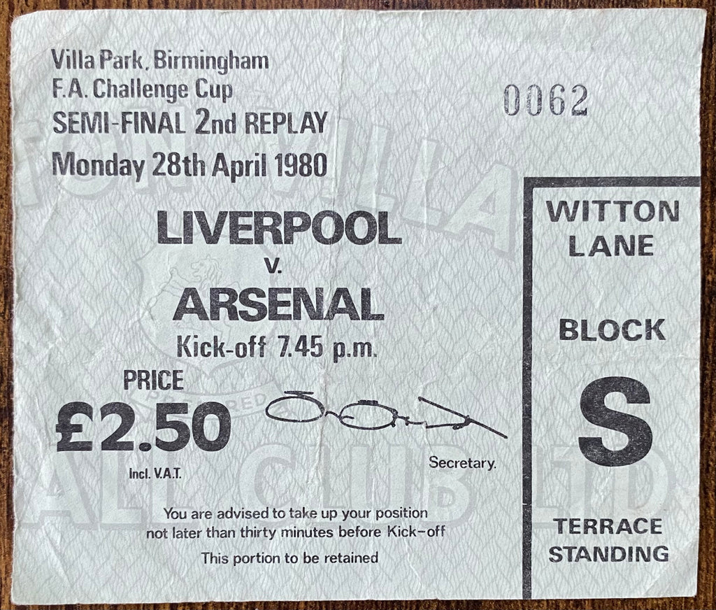 1980 ORIGINAL FA CUP SEMI FINAL 2ND REPLAY TICKET LIVERPOOL V ARSENAL @VILLA PARK