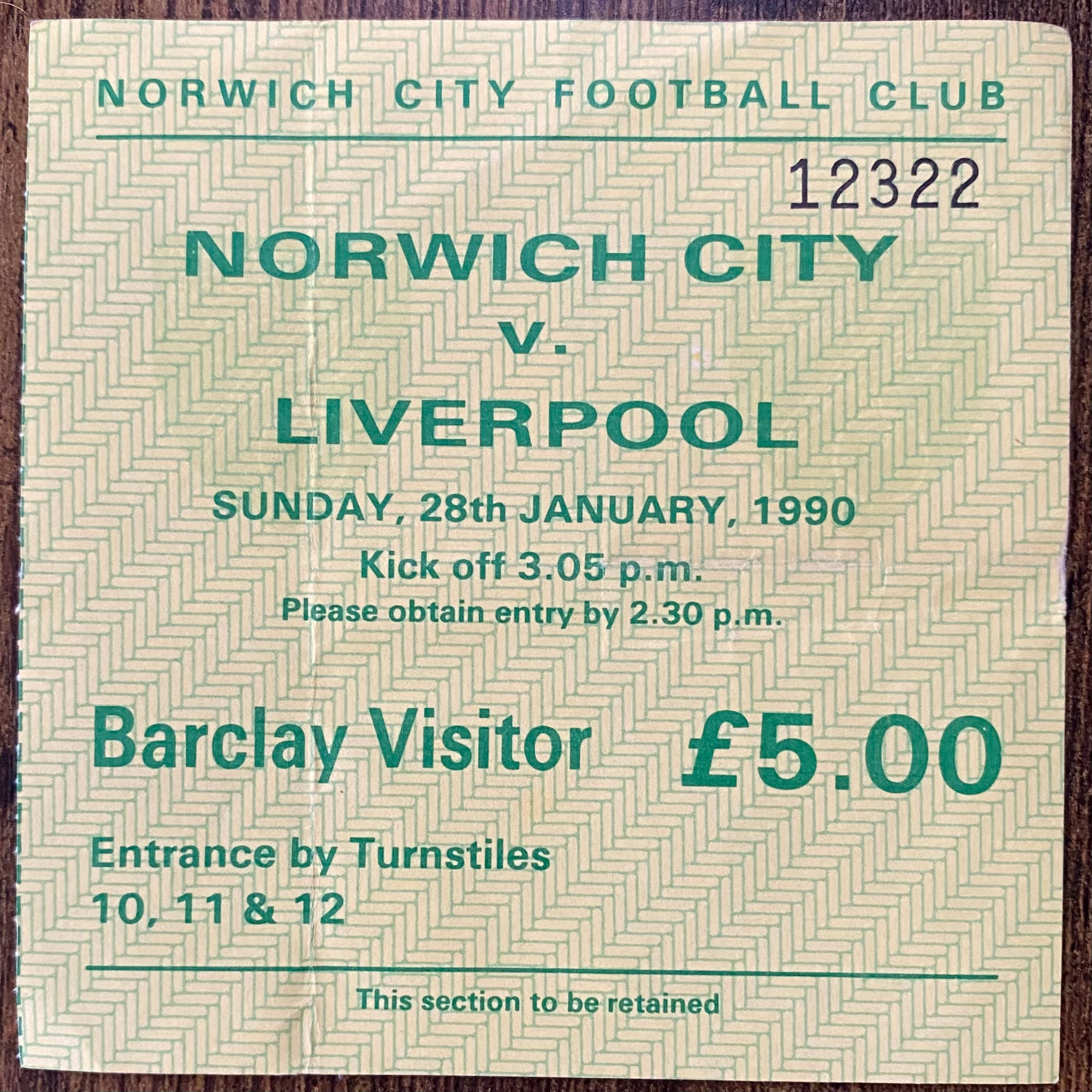 1989/90 ORIGINAL DIVISION ONE TICKET NORWICH CITY V LIVERPOOL