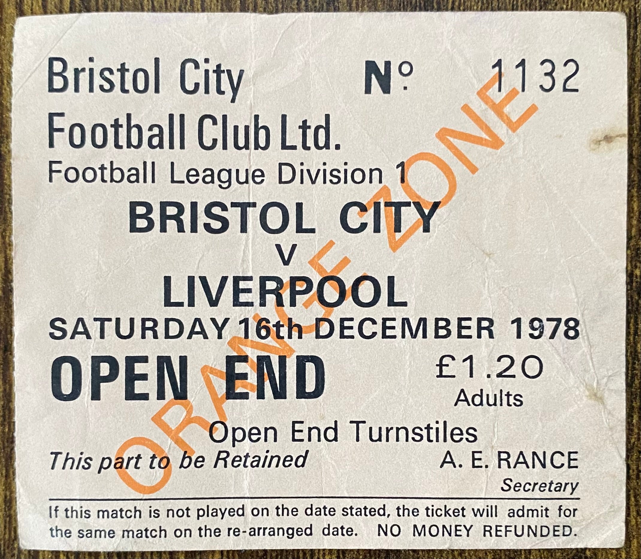 1978/79 ORIGINAL DIVISION ONE TICKET BRISTOL CITY V LIVERPOOL