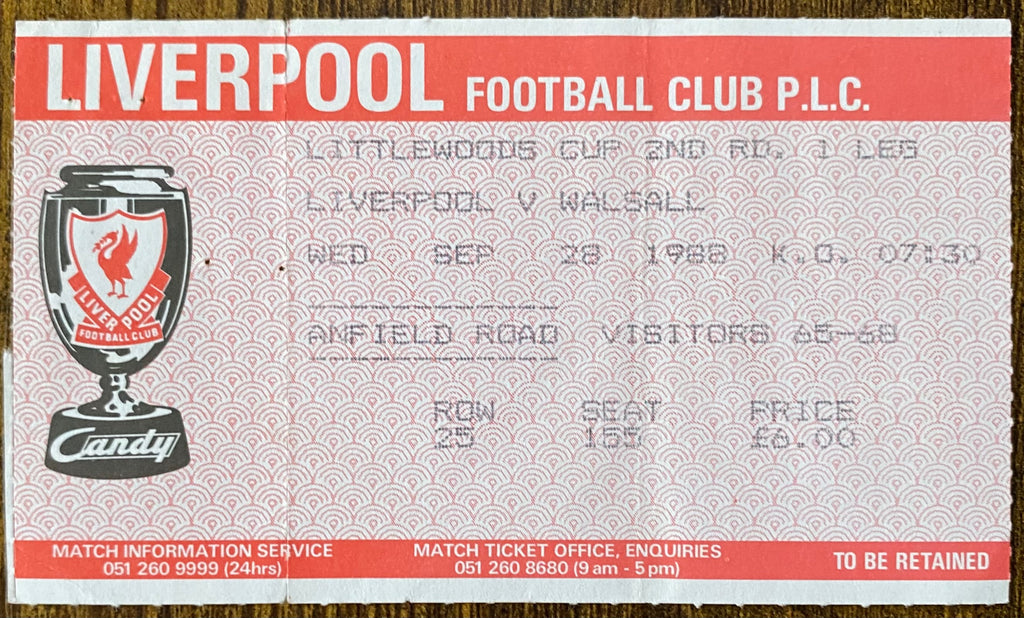 1988/89 ORIGINAL LITTLEWOODS CUP 2ND ROUND 1ST LEG TICKET LIVERPOOL V WALSALL