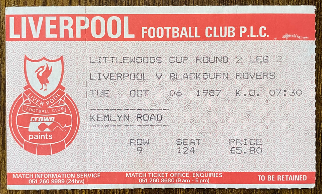 1986/87 ORIGINAL LITTLEWOODS CUP 2ND ROUND 2ND LEG TICKET LIVERPOOL V BLACKBURN ROVERS