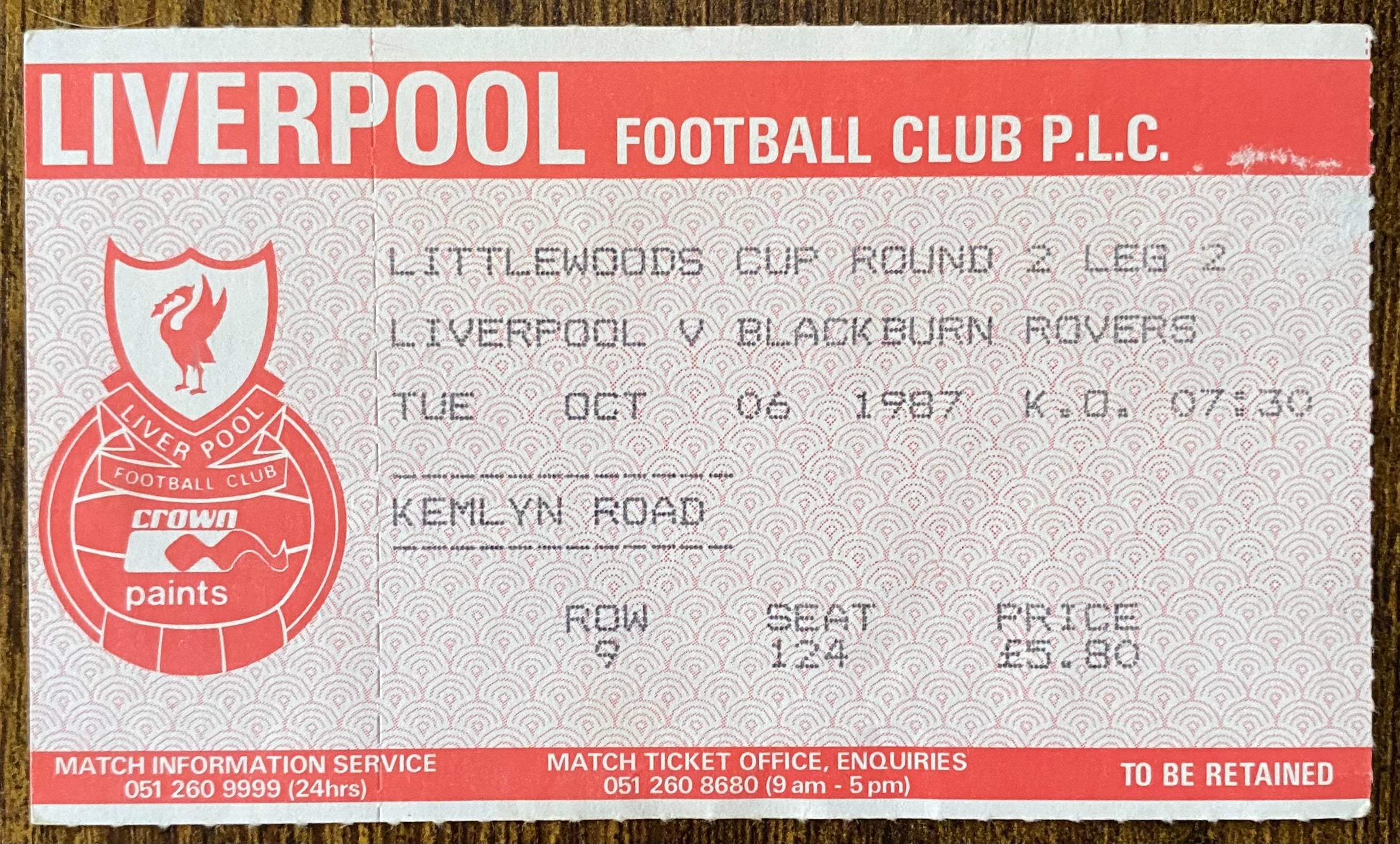 1986/87 ORIGINAL LITTLEWOODS CUP 2ND ROUND 2ND LEG TICKET LIVERPOOL V BLACKBURN ROVERS