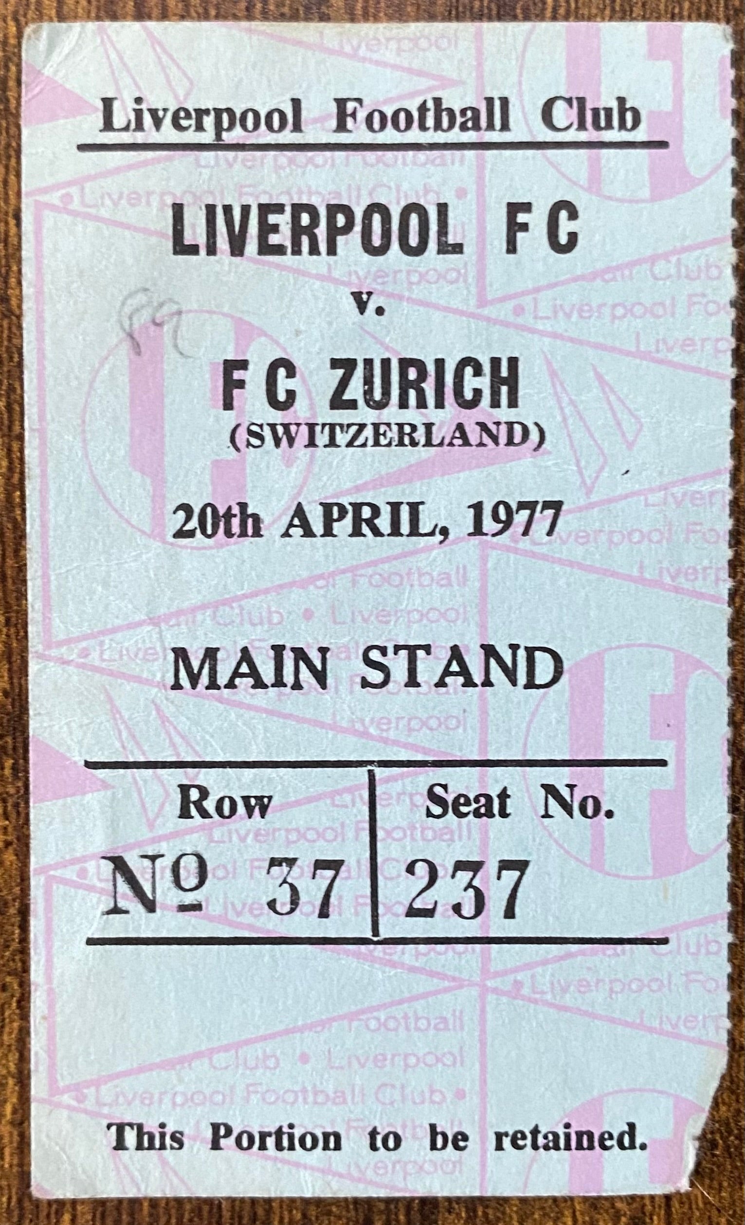 1976/77 ORIGINAL EUROPEAN CUP SEMI FINAL 2ND LEG TICKET LIVERPOOL V FC ZURICH