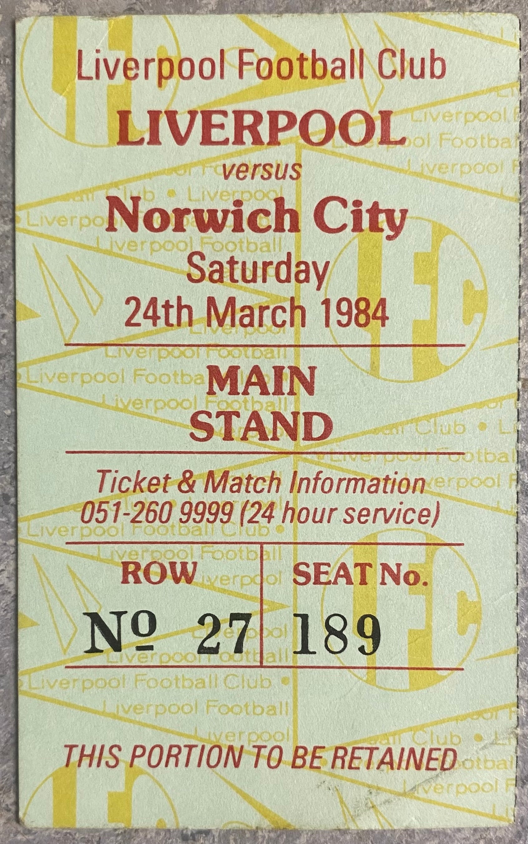 1983/84 ORIGINAL DIVISION ONE TICKET LIVERPOOL V NORWICH CITY