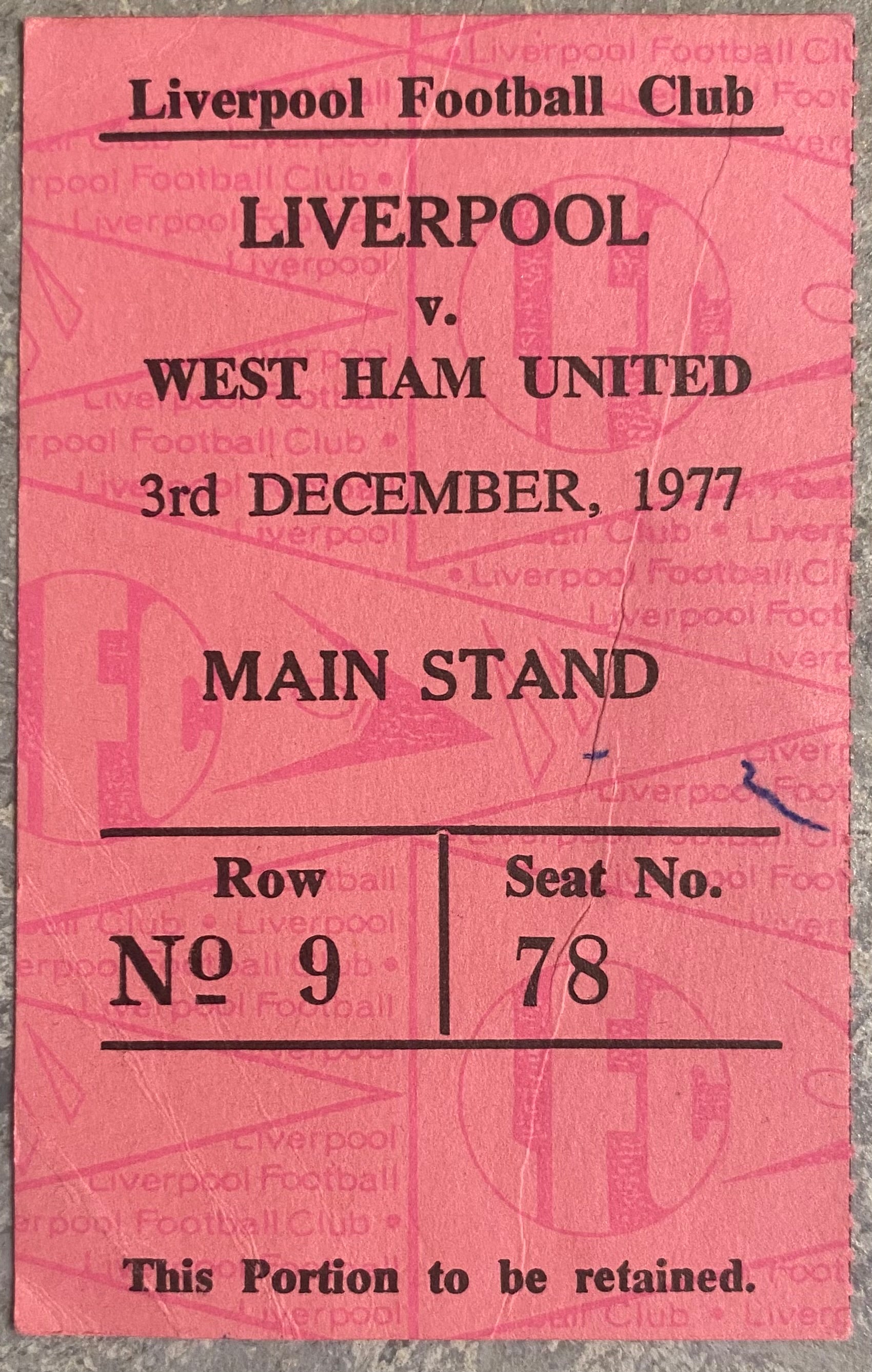 1977/78 ORIGINAL DIVISION ONE TICKET LIVERPOOL V WEST HAM UNITED