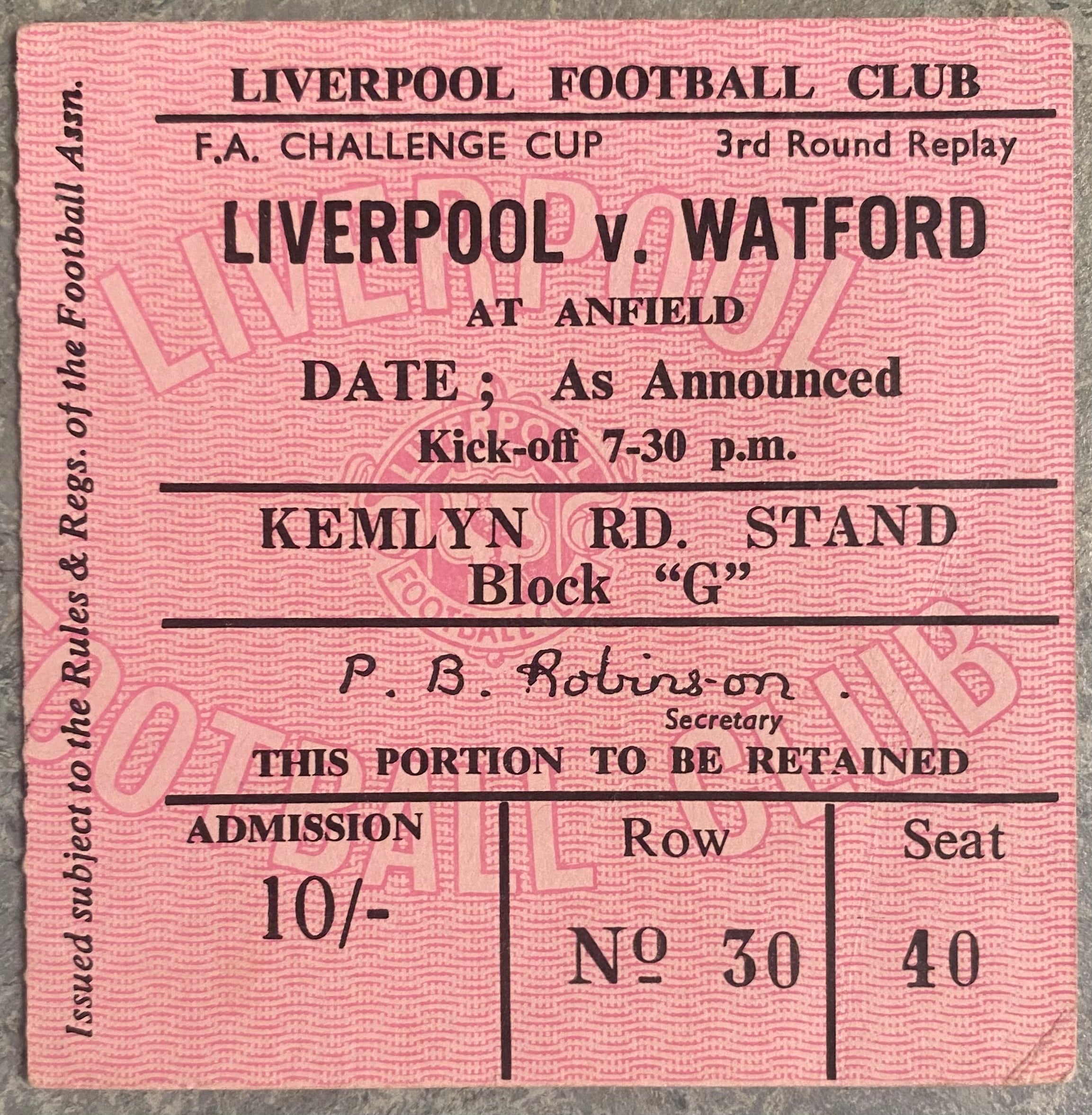 1966/67 ORIGINAL FA CUP 3RD ROUND REPLAY TICKET LIVERPOOL V WATFORD