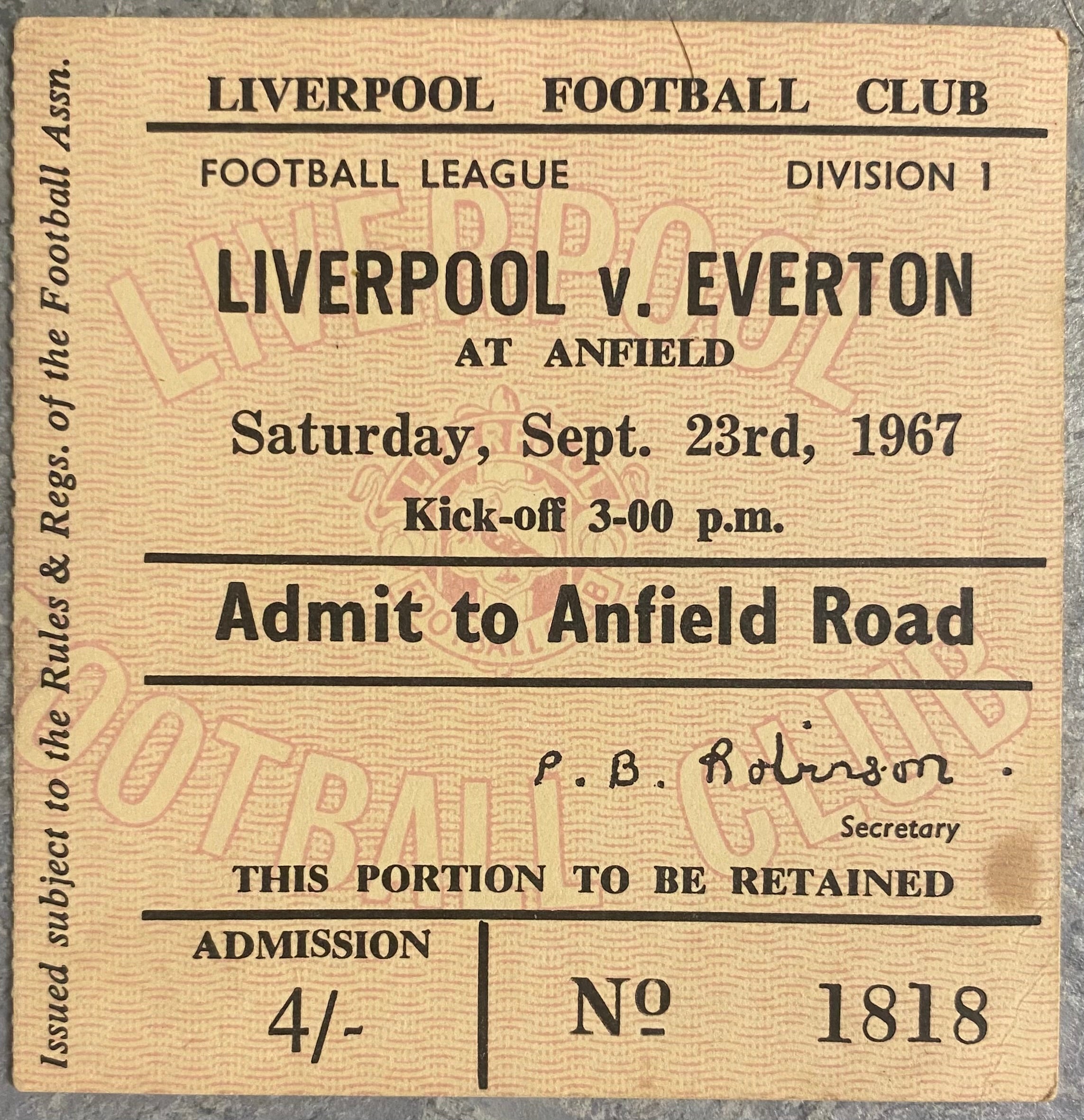 1967/68 ORIGINAL DIVISION ONE TICKET LIVERPOOL V EVERTON