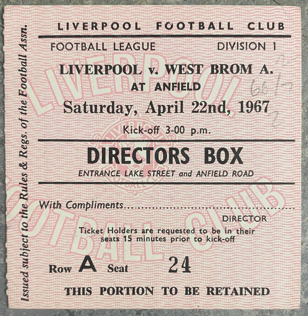 1966/67 ORIGINAL DIVISION ONE TICKET LIVERPOOL V WEST BROMWICH ALBION