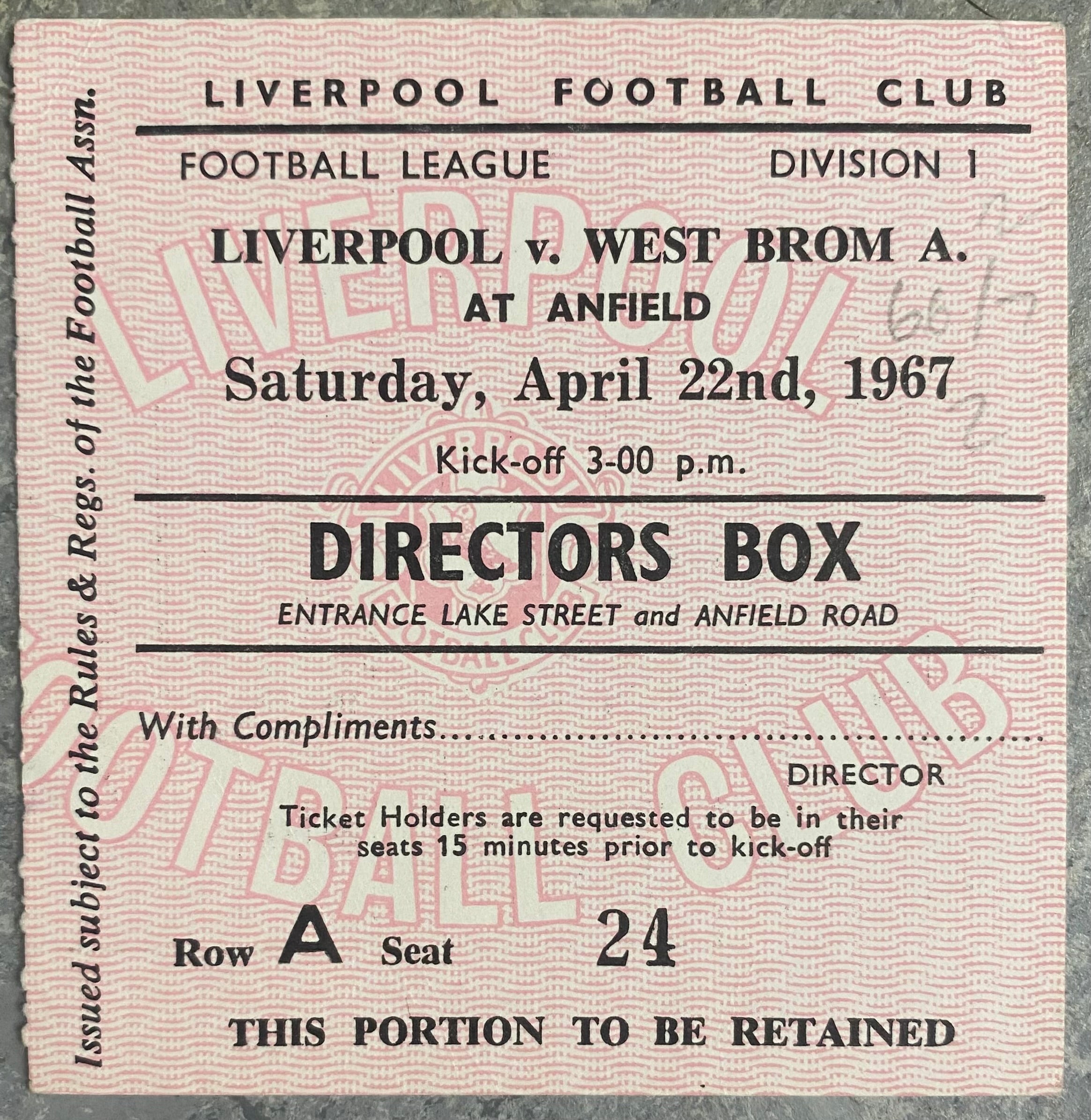 1966/67 ORIGINAL DIVISION ONE TICKET LIVERPOOL V WEST BROMWICH ALBION