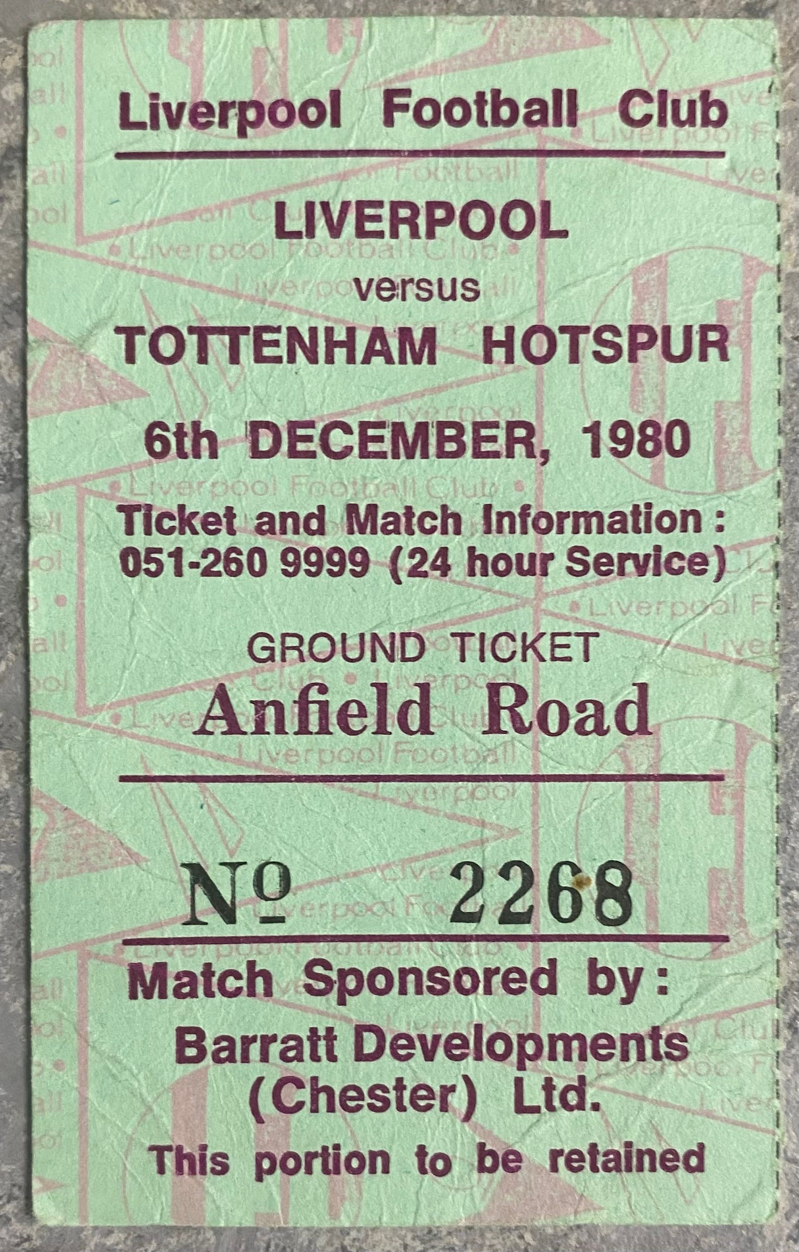 1980/81 ORIGINAL DIVISION ONE TICKET LIVERPOOL V TOTTENHAM HOTSPUR