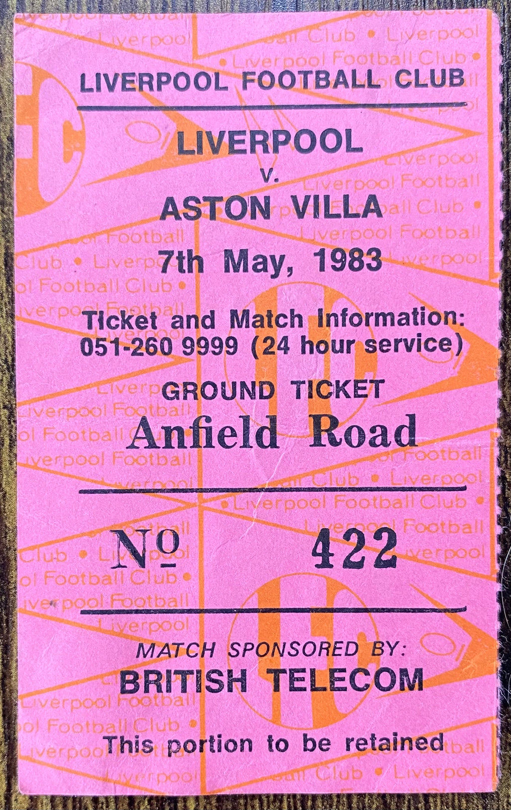 1982/83 ORIGINAL DIVISION ONE TICKET LIVERPOOL V ASTON VILLA