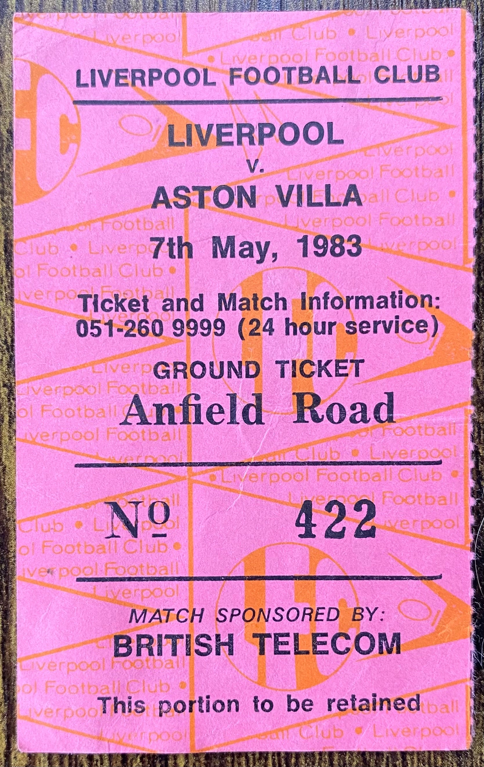 1982/83 ORIGINAL DIVISION ONE TICKET LIVERPOOL V ASTON VILLA