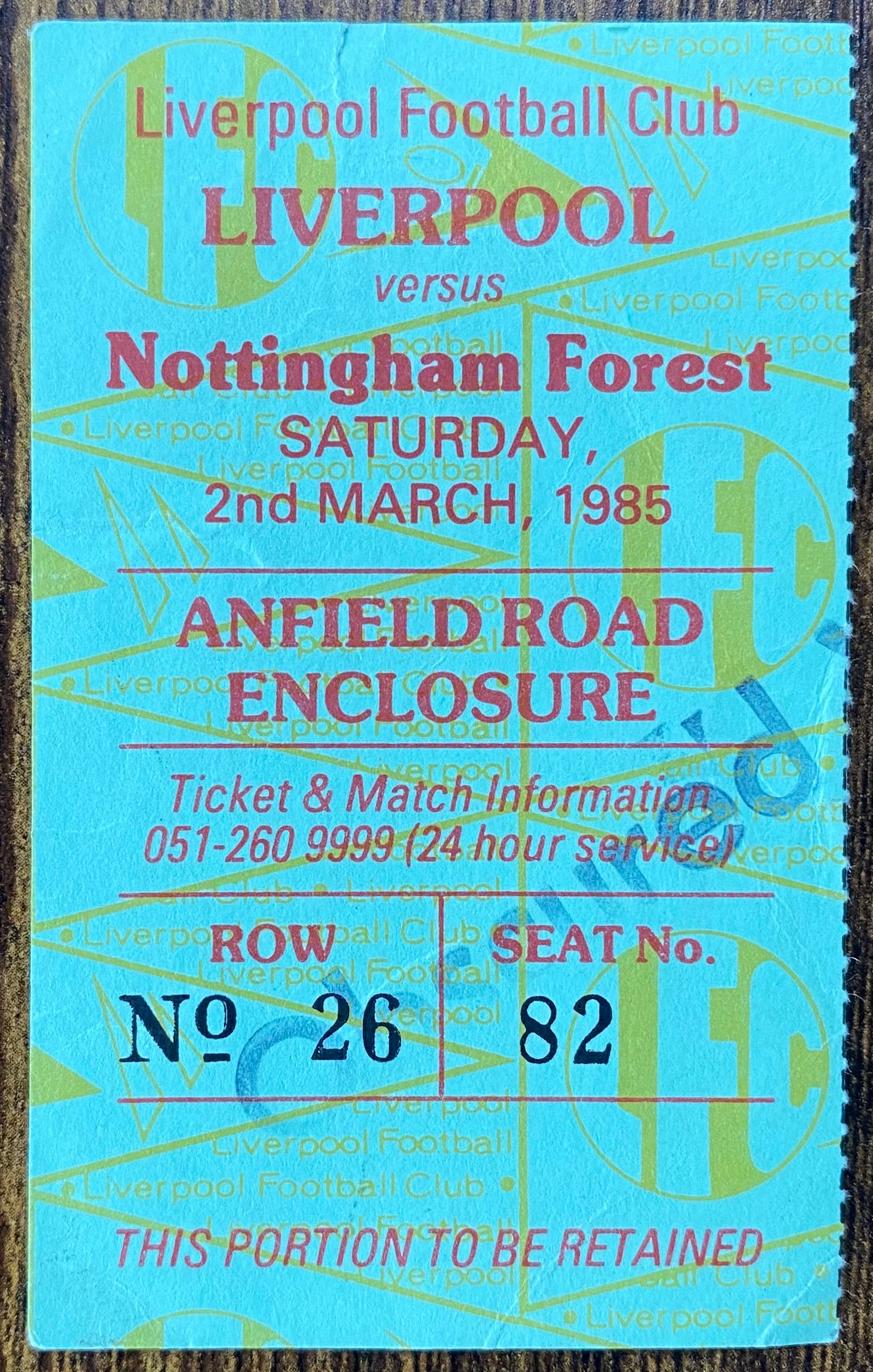 1984/85 ORIGINAL DIVISION ONE TICKET LIVERPOOL V NOTTINGHAM FOREST