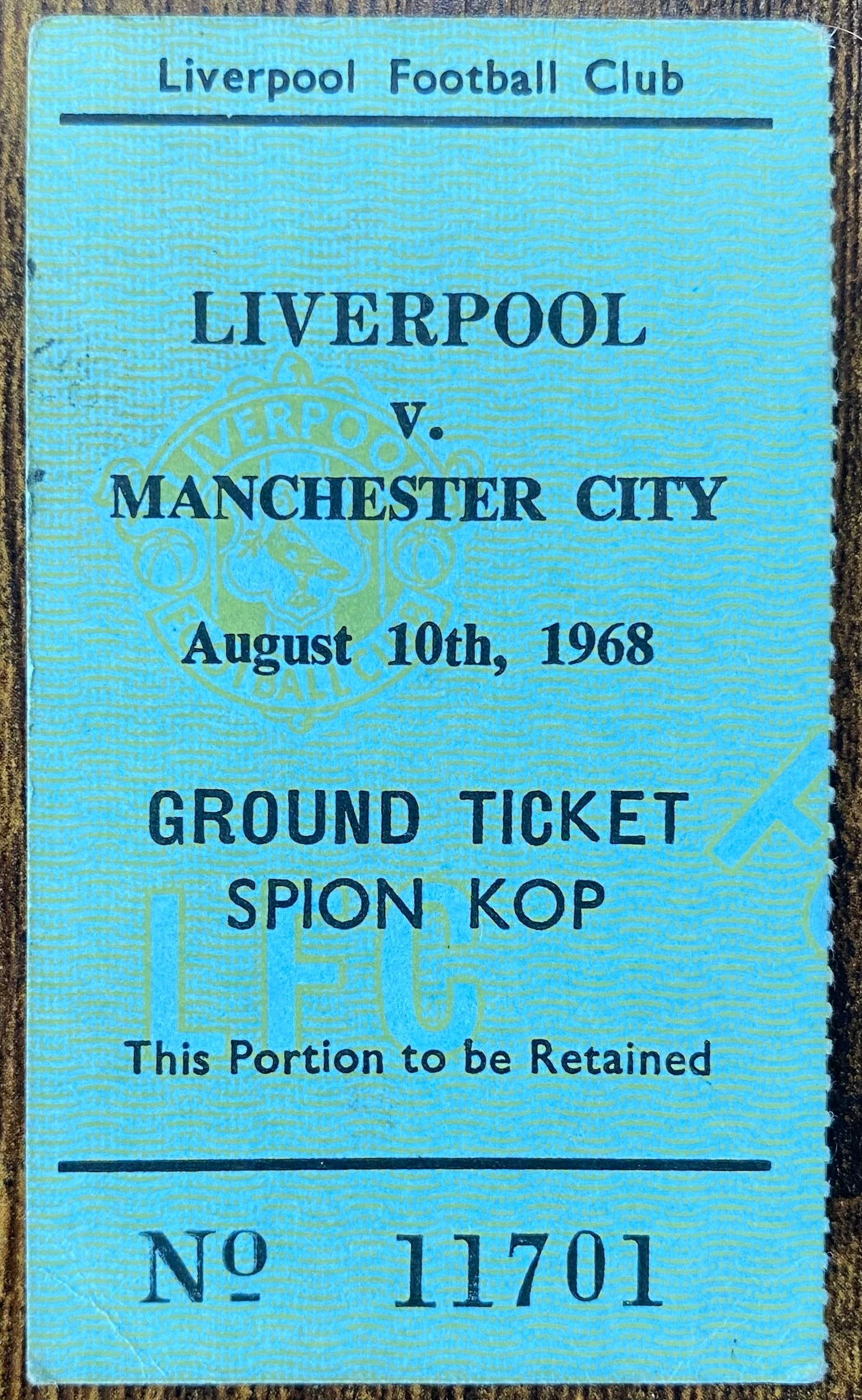 1968/69 ORIGINAL DIVISION ONE TICKET LIVERPOOL V MANCHESTER CITY