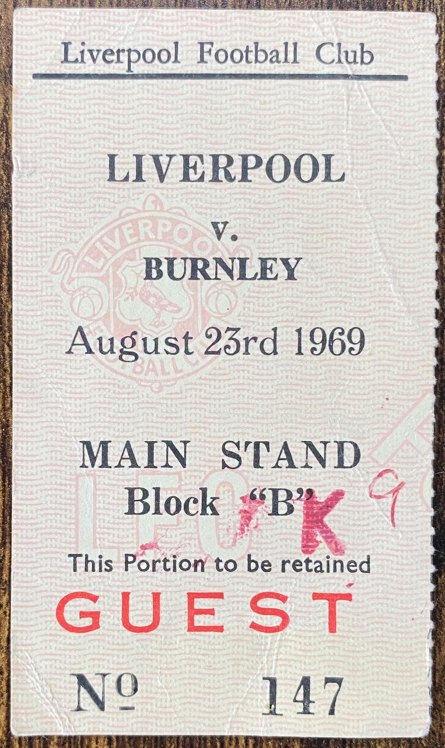 1969/70 ORIGINAL DIVISION ONE TICKET LIVERPOOL V BURNLEY