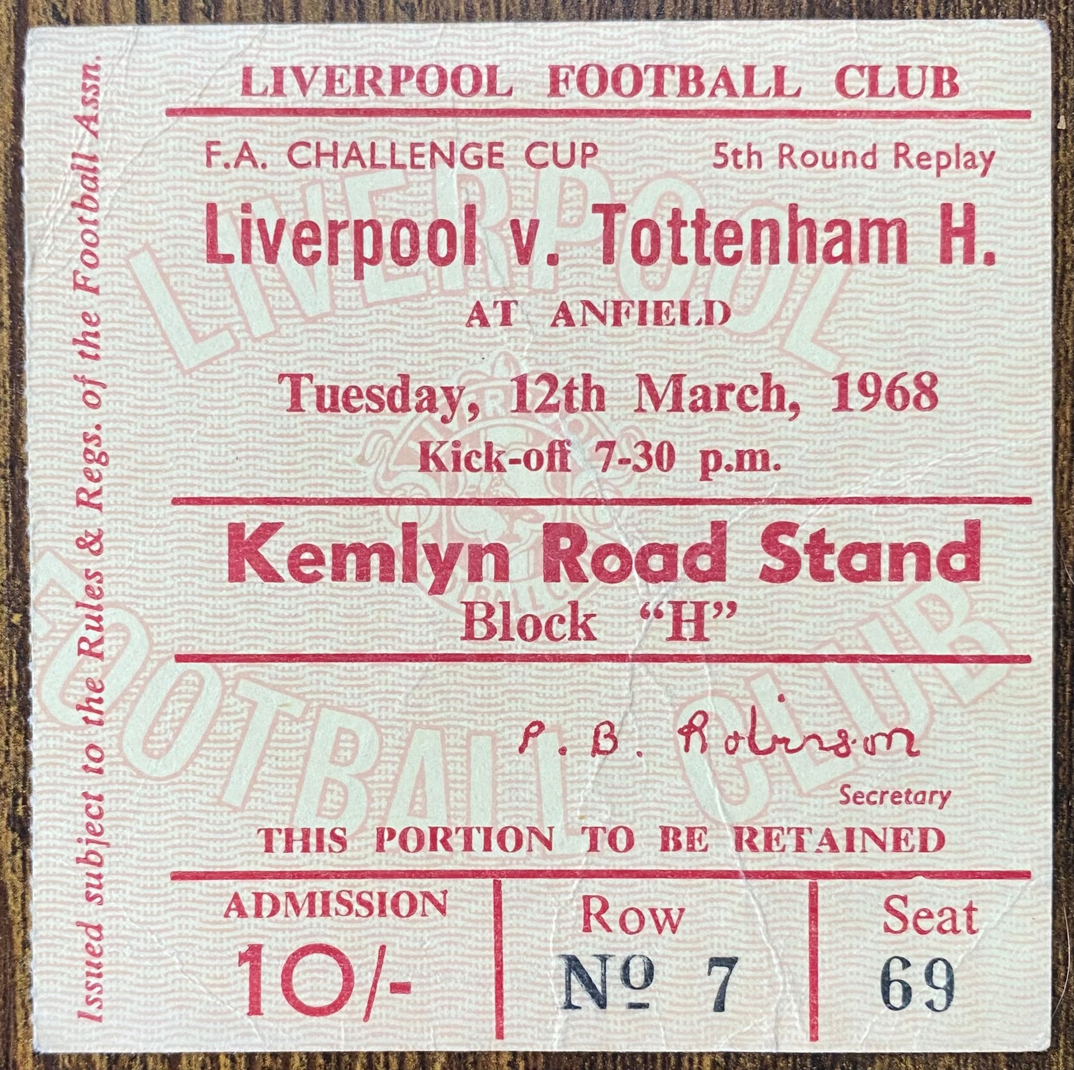 1967/68 ORIGINAL FA CUP 5TH ROUND REPLAY TICKET LIVERPOOL V TOTTENHAM HOTSPUR