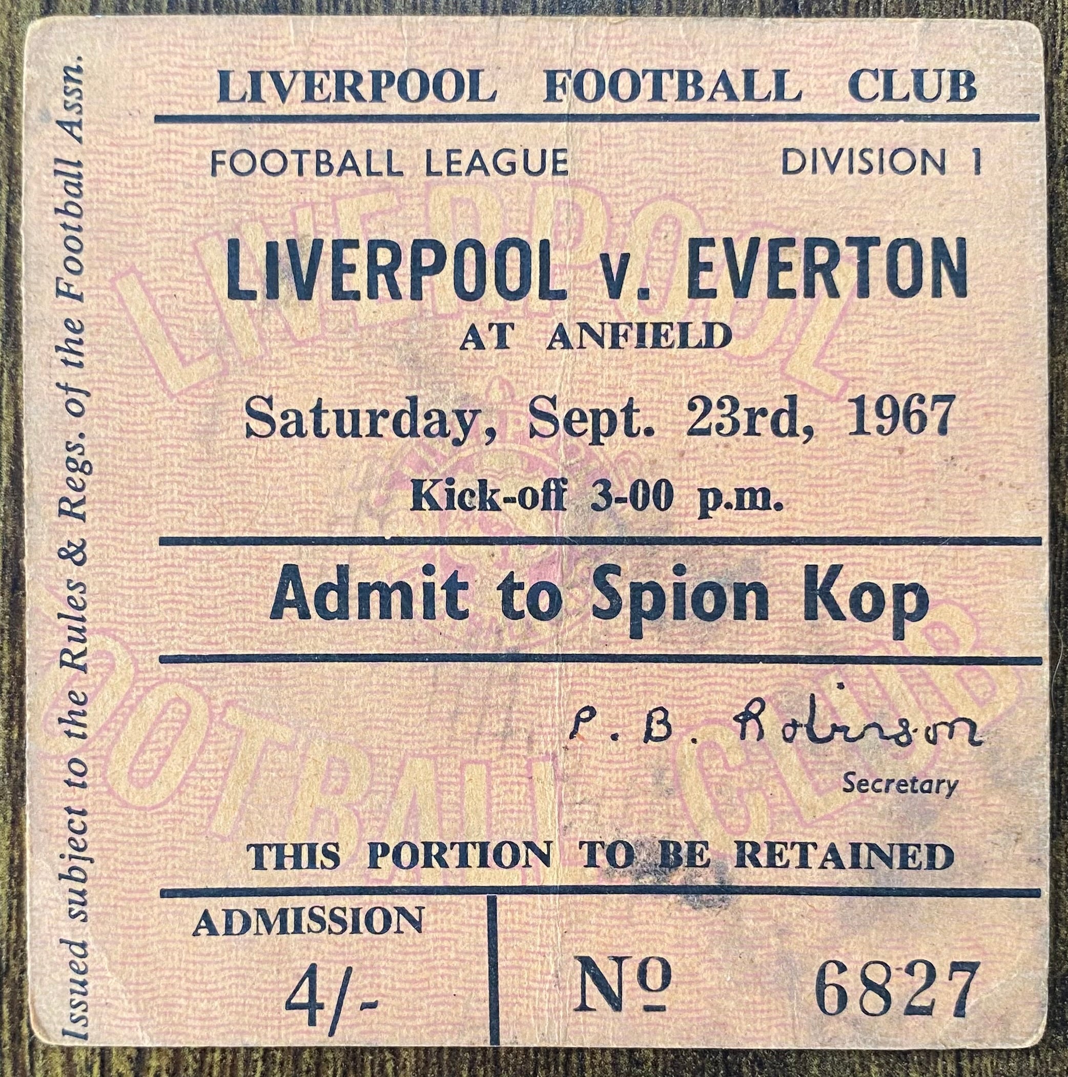 1967/68 ORIGINAL DIVISION ONE TICKET LIVERPOOL V EVERTON